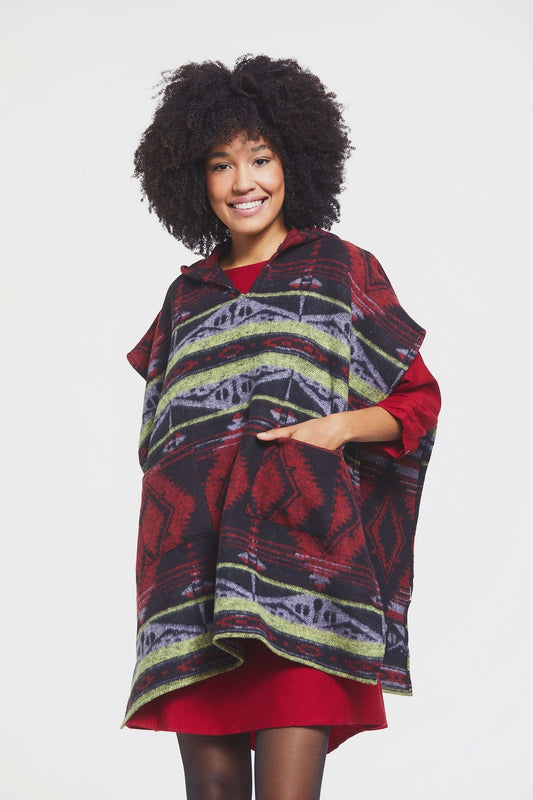 Ethnic Patterned Hooded Poncho Red