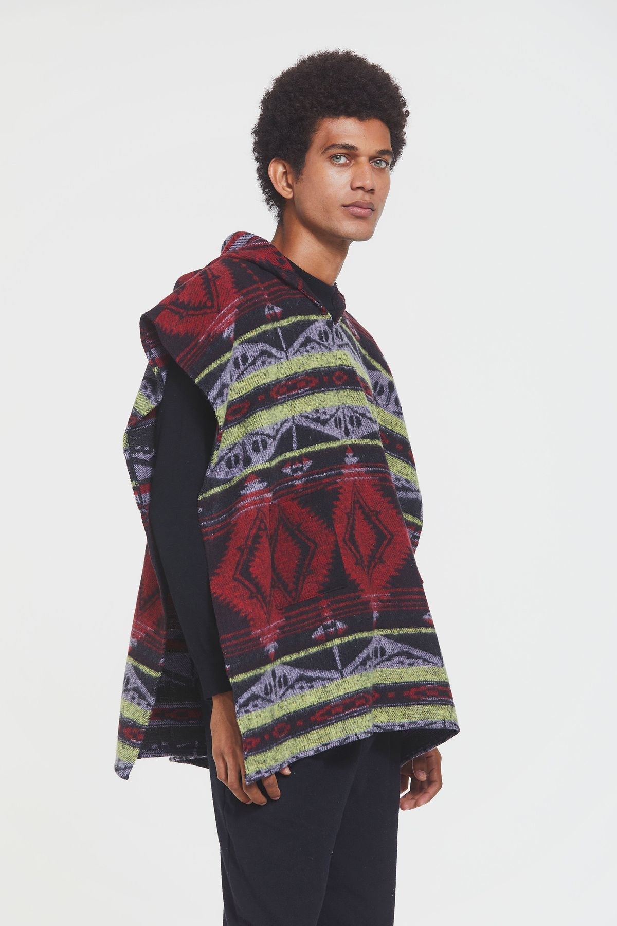Ethnic Patterned Hooded Poncho Red