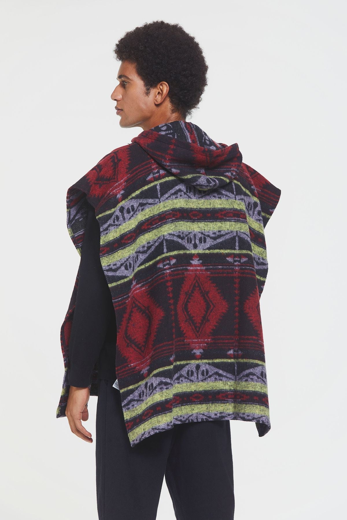 Ethnic Patterned Hooded Poncho Red
