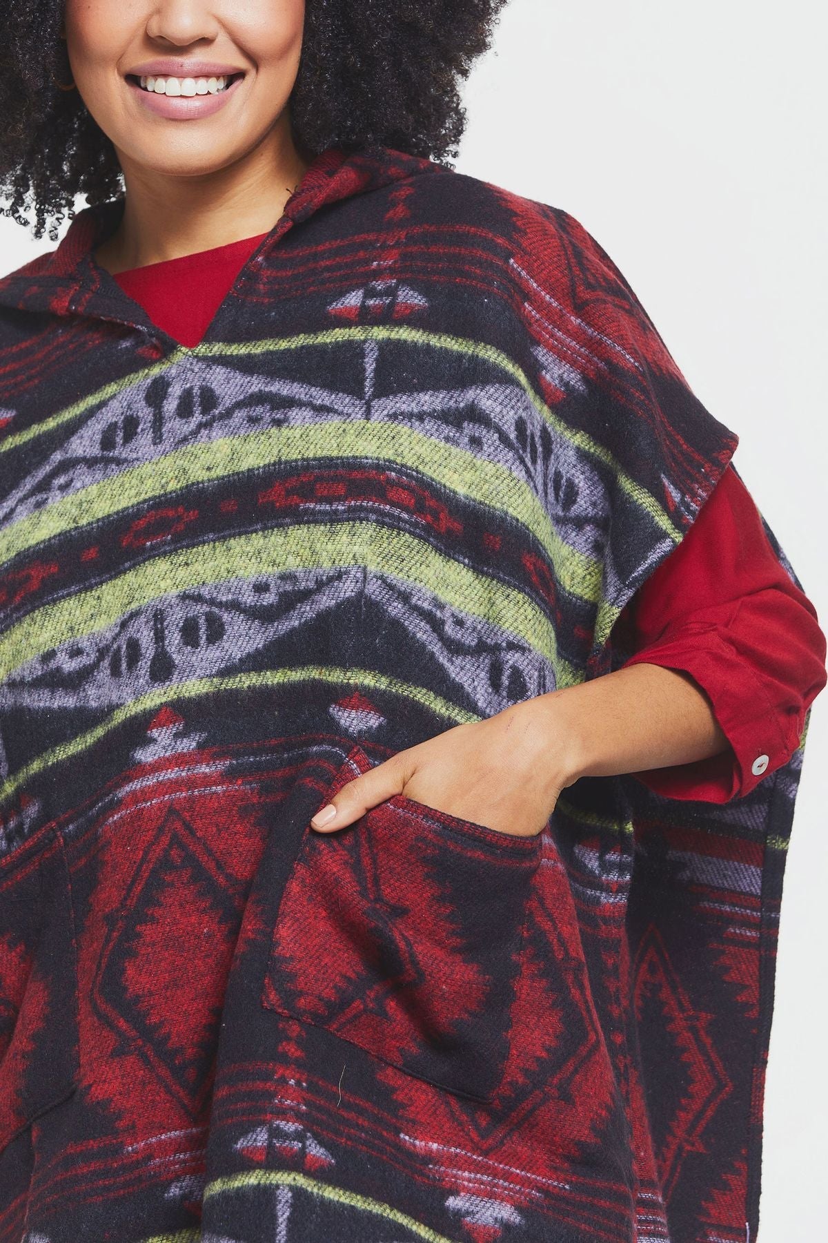 Ethnic Patterned Hooded Poncho Red