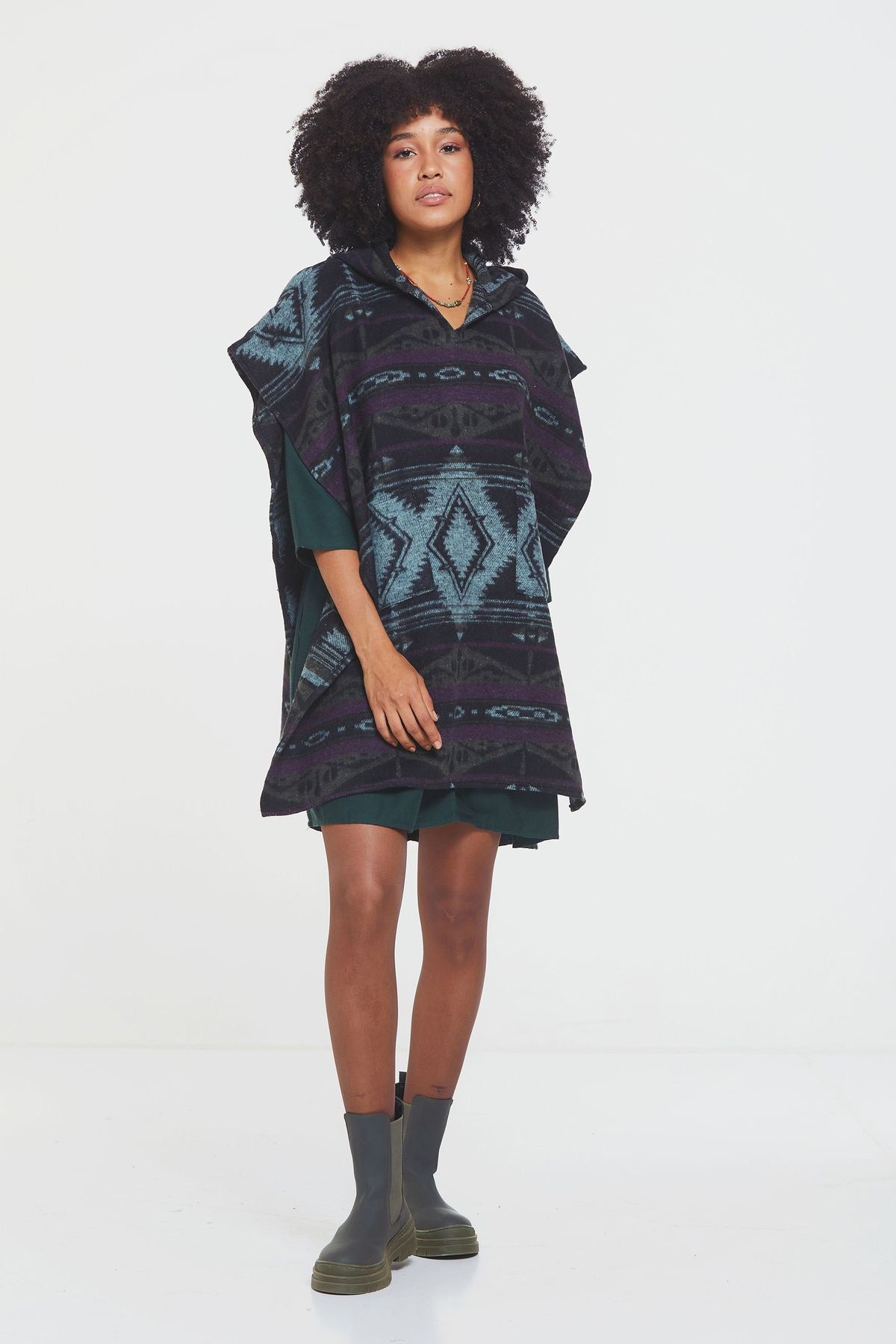 Ethnic Patterned Hooded Poncho Purple