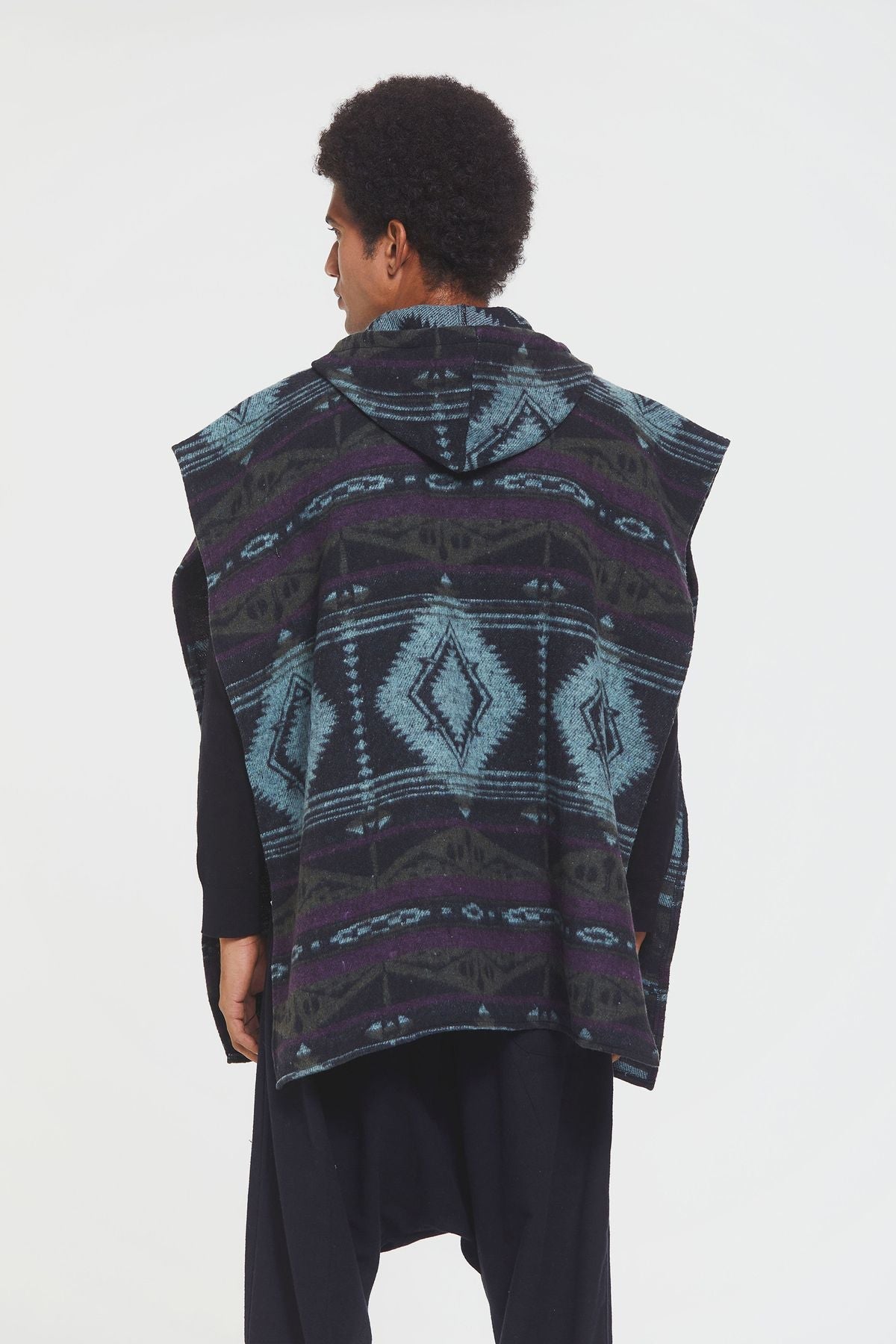 Ethnic Patterned Hooded Poncho Purple