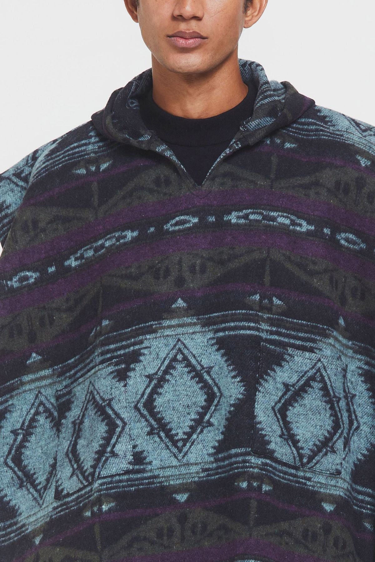 Ethnic Patterned Hooded Poncho Purple