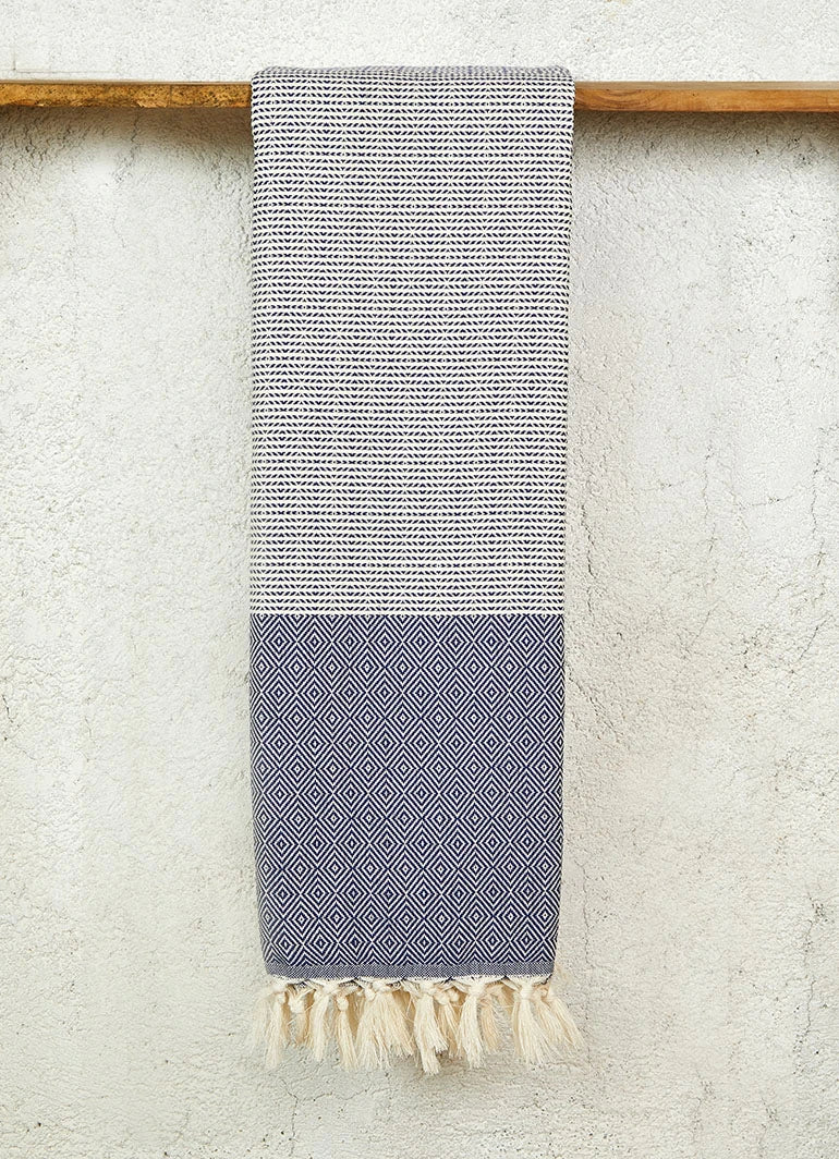 Striped Diamond Pattern Hammam Towel Dark Blue