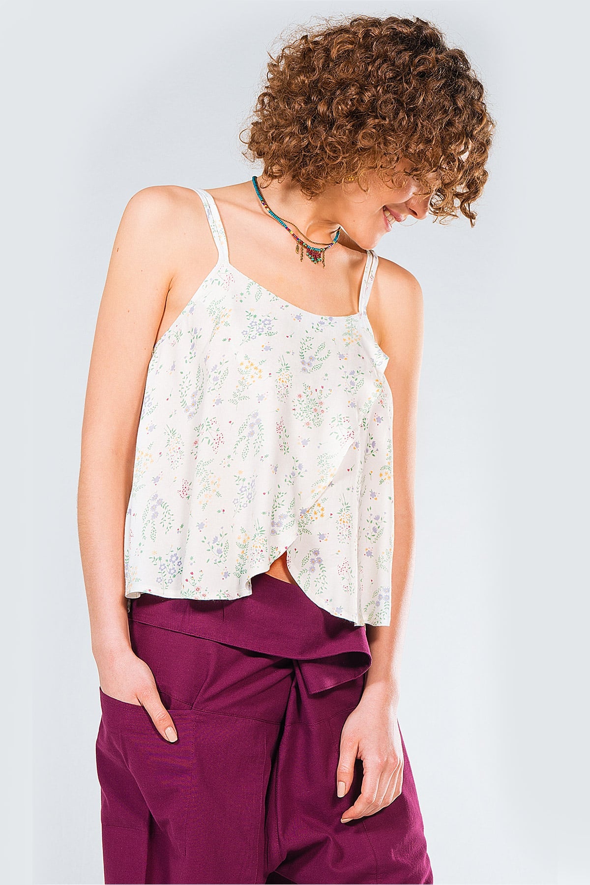 Spaghetti Strap Floral Summer Top Beige