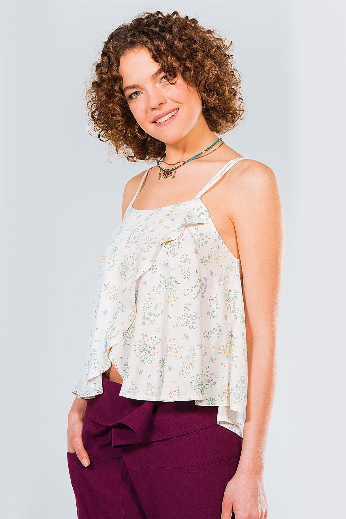 Spaghetti Strap Floral Summer Top Beige