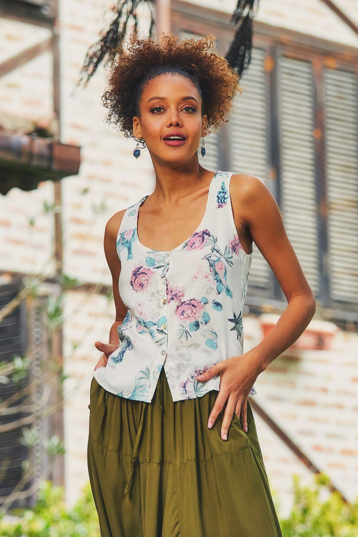 Floral Print Summer Top Beige