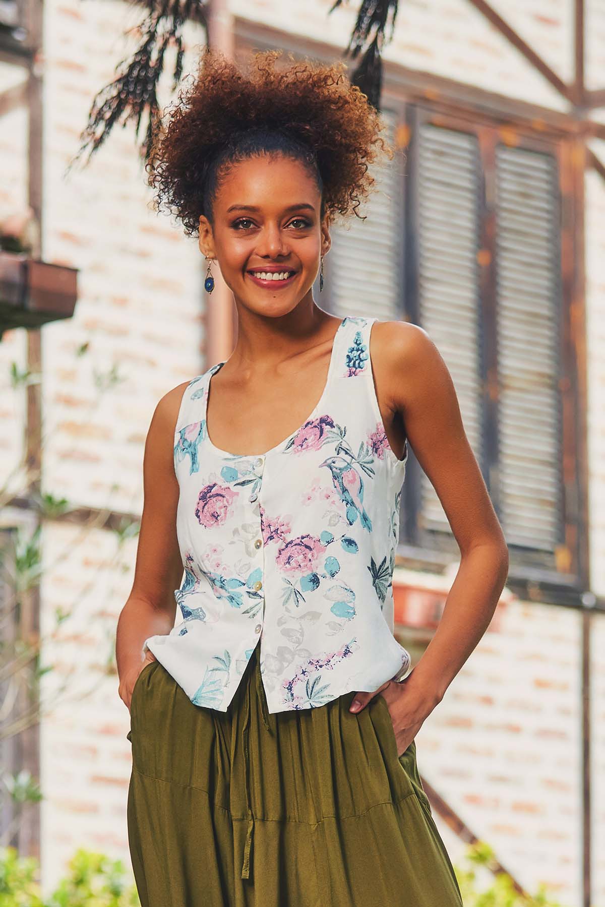 Floral Print Summer Top Beige