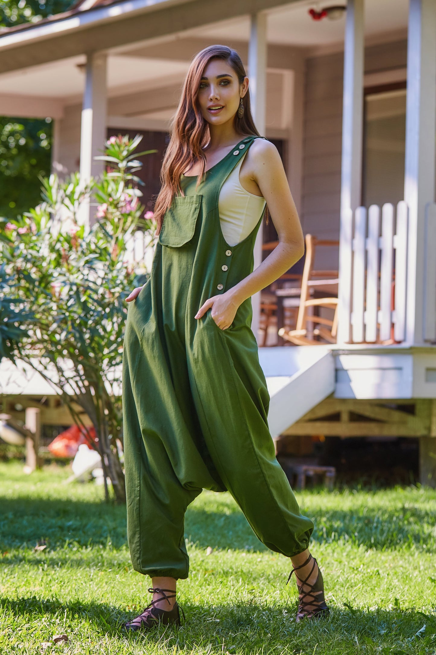 Kangaroo Pocket Harem Jumpsuit Green