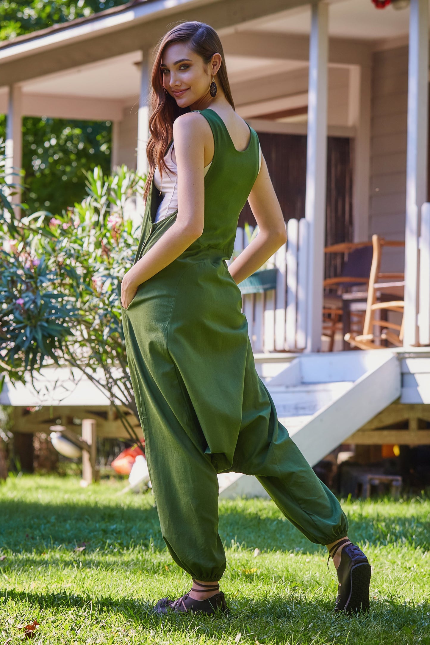 Kangaroo Pocket Harem Jumpsuit Green