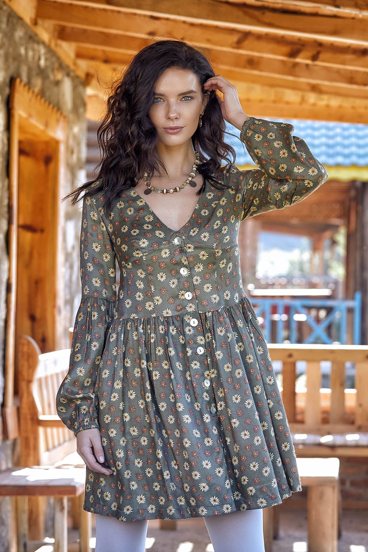 Green V-Neck Floral Cute Boho Dress