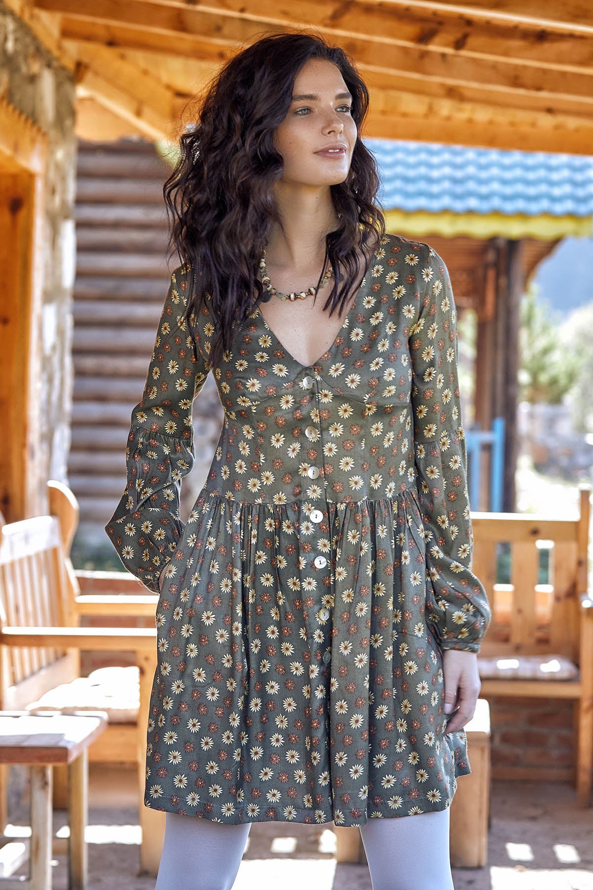 Green V-Neck Floral Cute Boho Dress