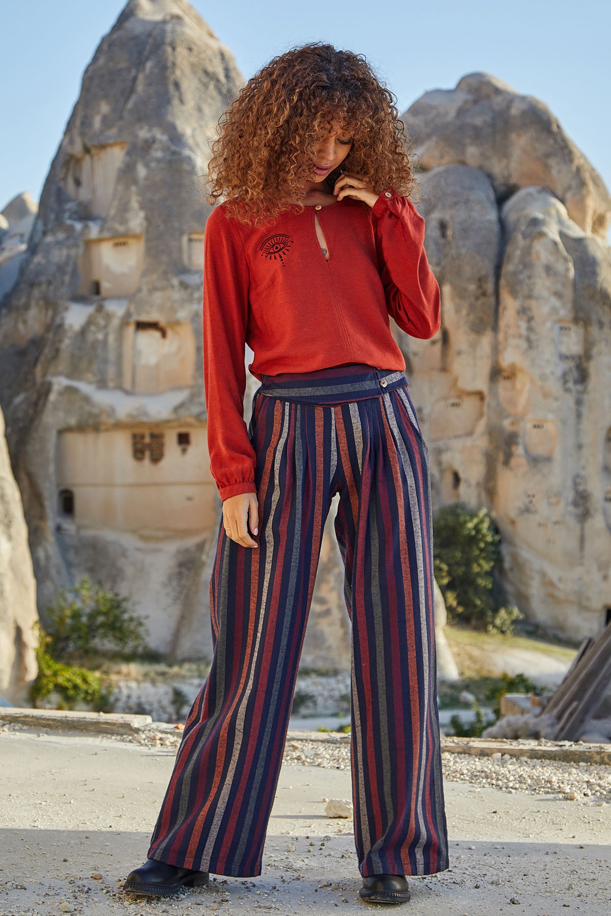 Striped Boho Winter Pants for Women in Orange-Red