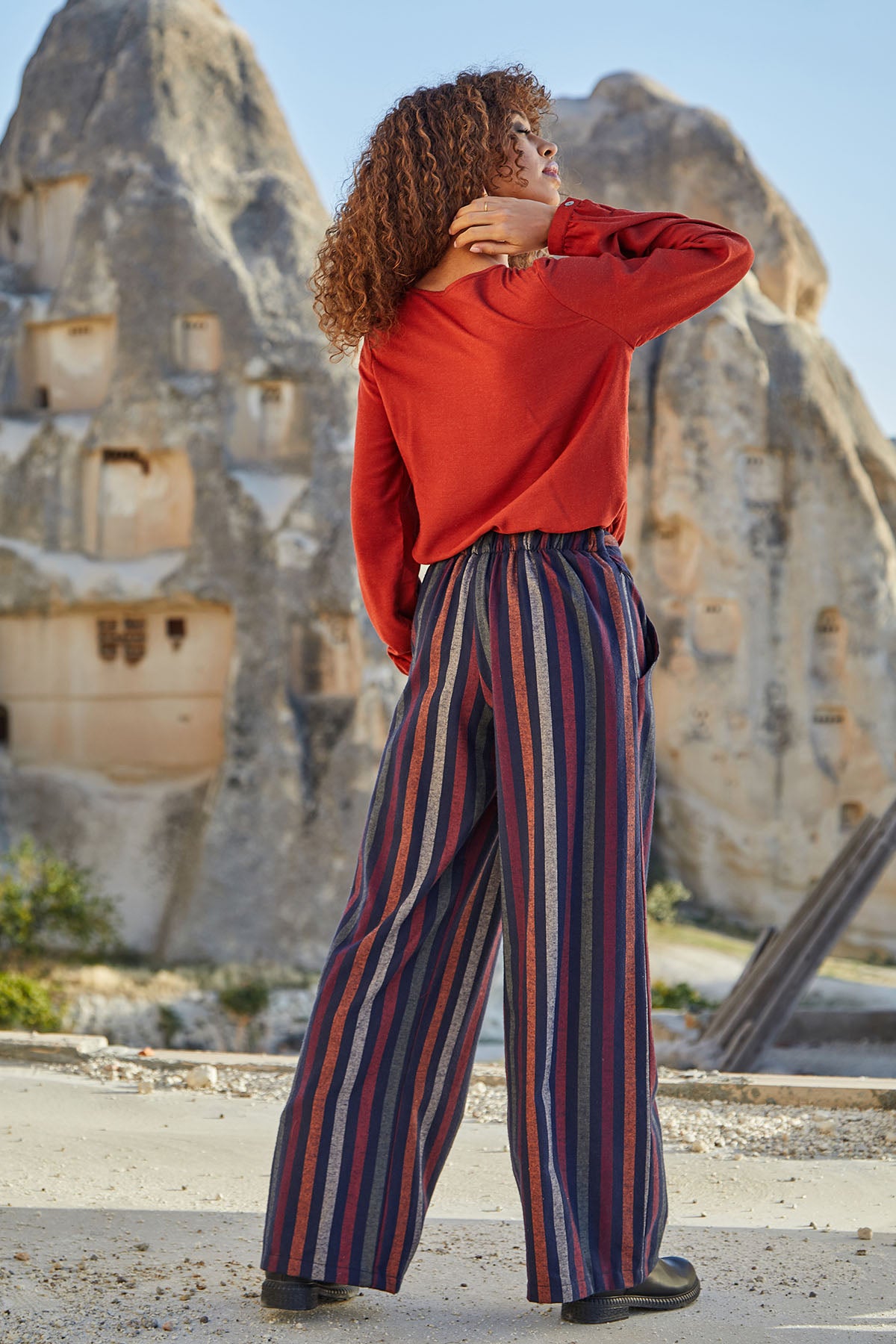 Striped Boho Winter Pants for Women in Orange-Red