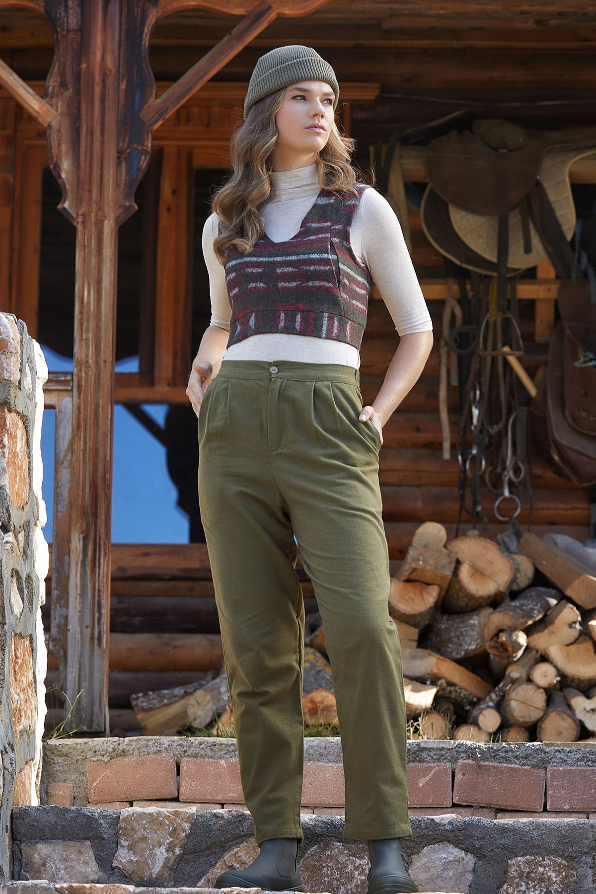 Khaki Boho Style High Waist Unisex Cotton Pants