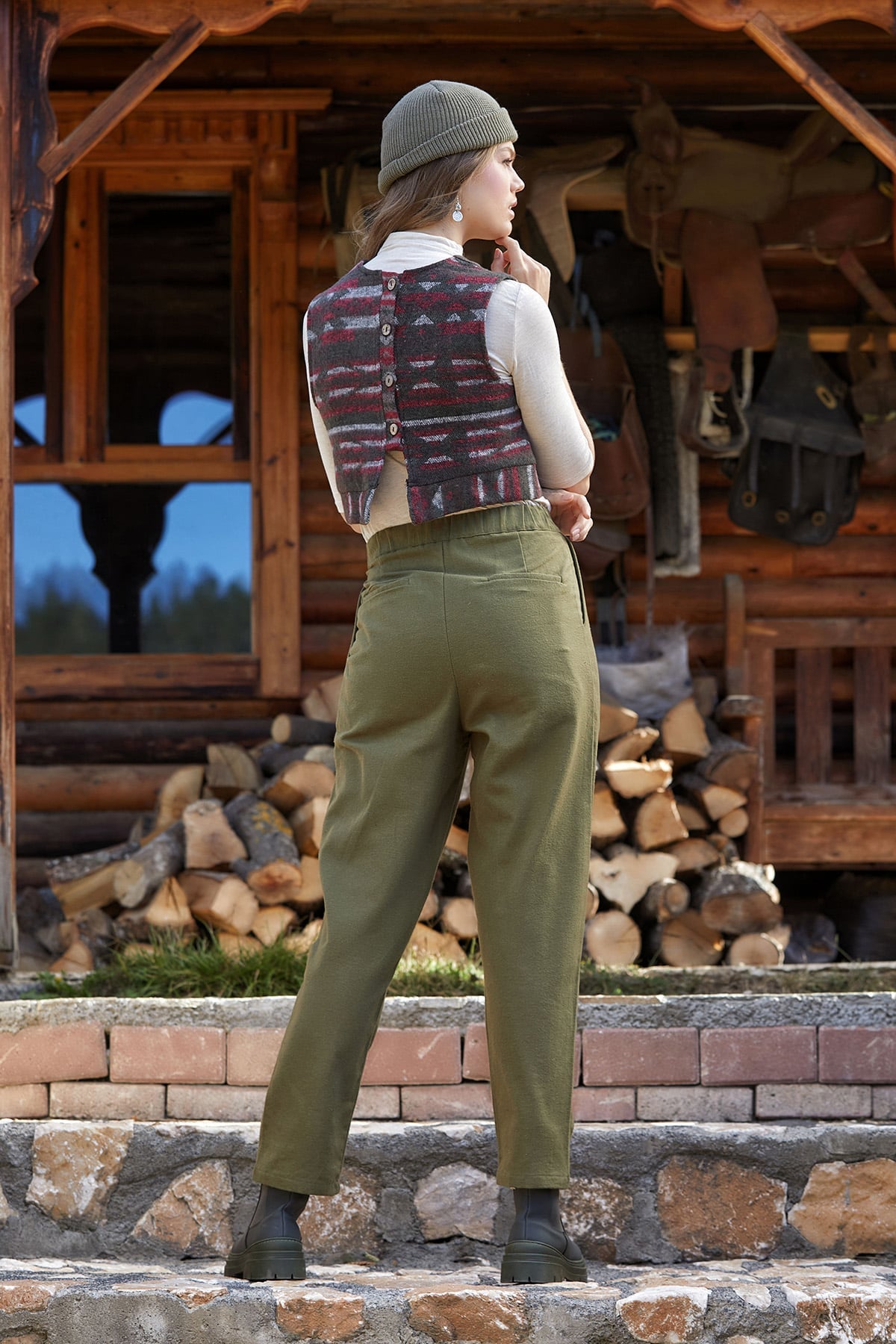 Khaki Boho Style High Waist Unisex Cotton Pants