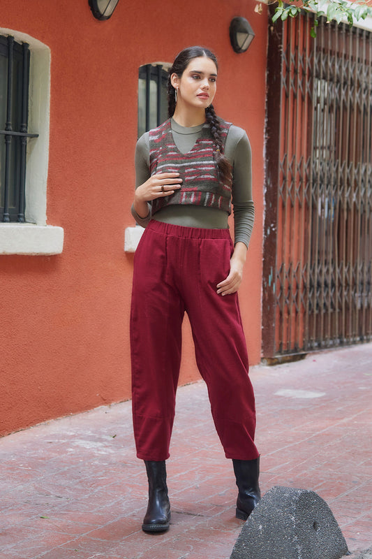 Maroon Boho Pants with Elastic Waist