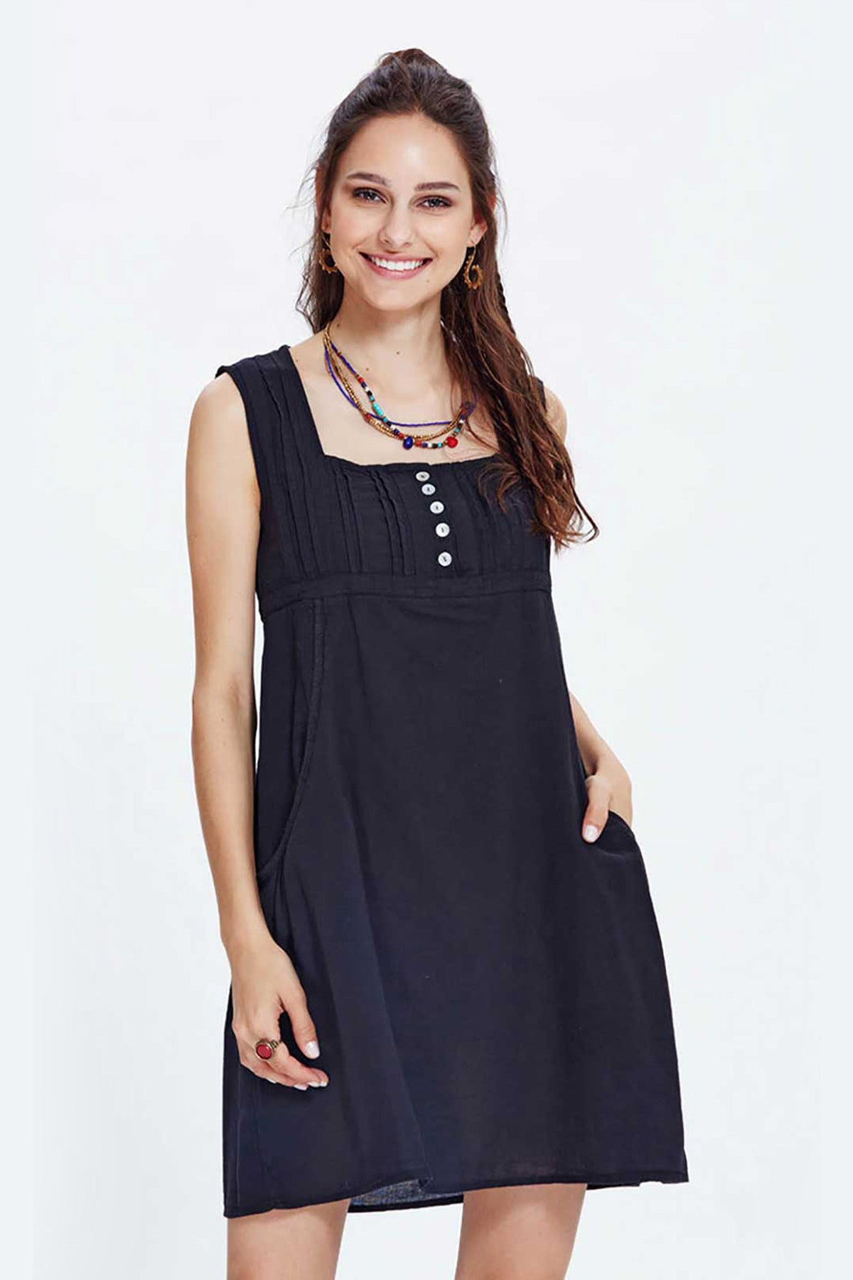 Square Neck Cotton Mini Black Dress