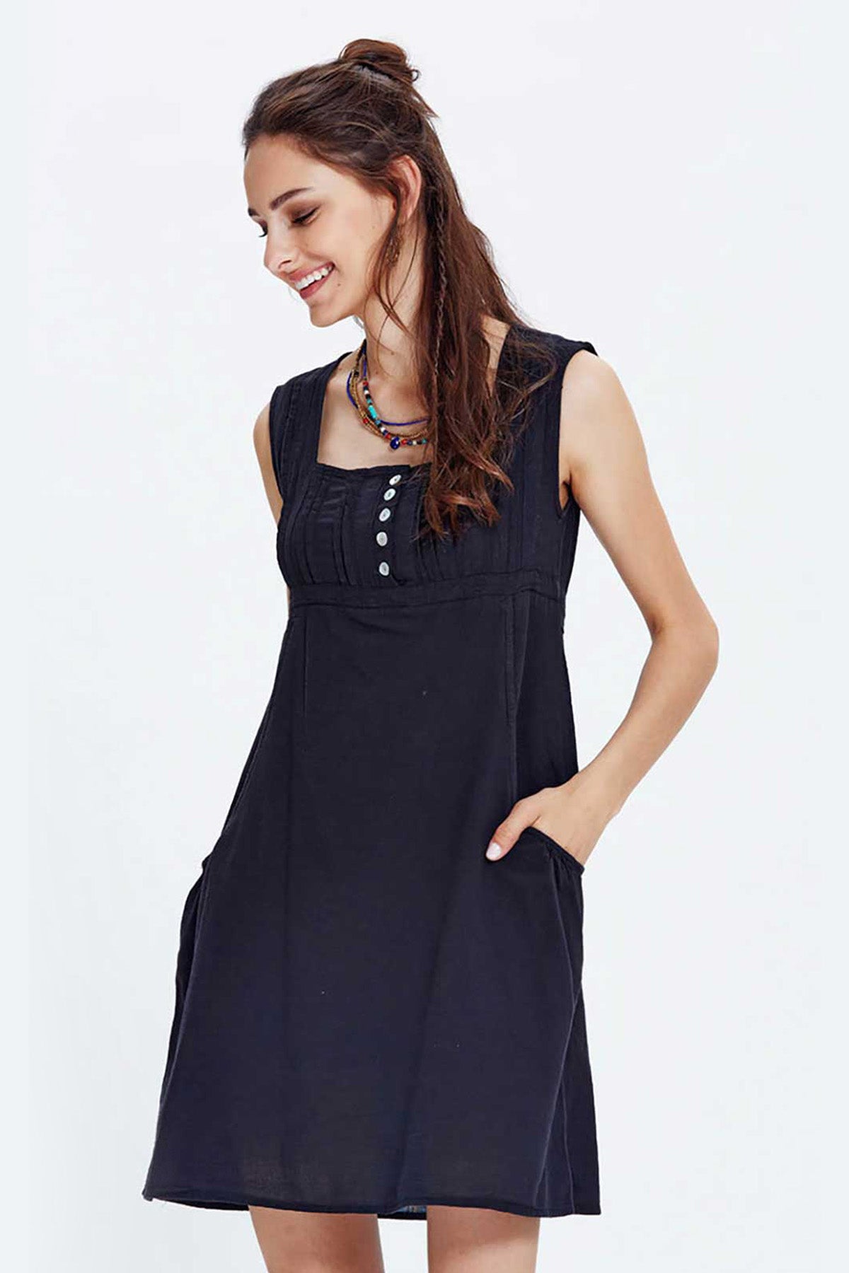 Square Neck Cotton Mini Black Dress