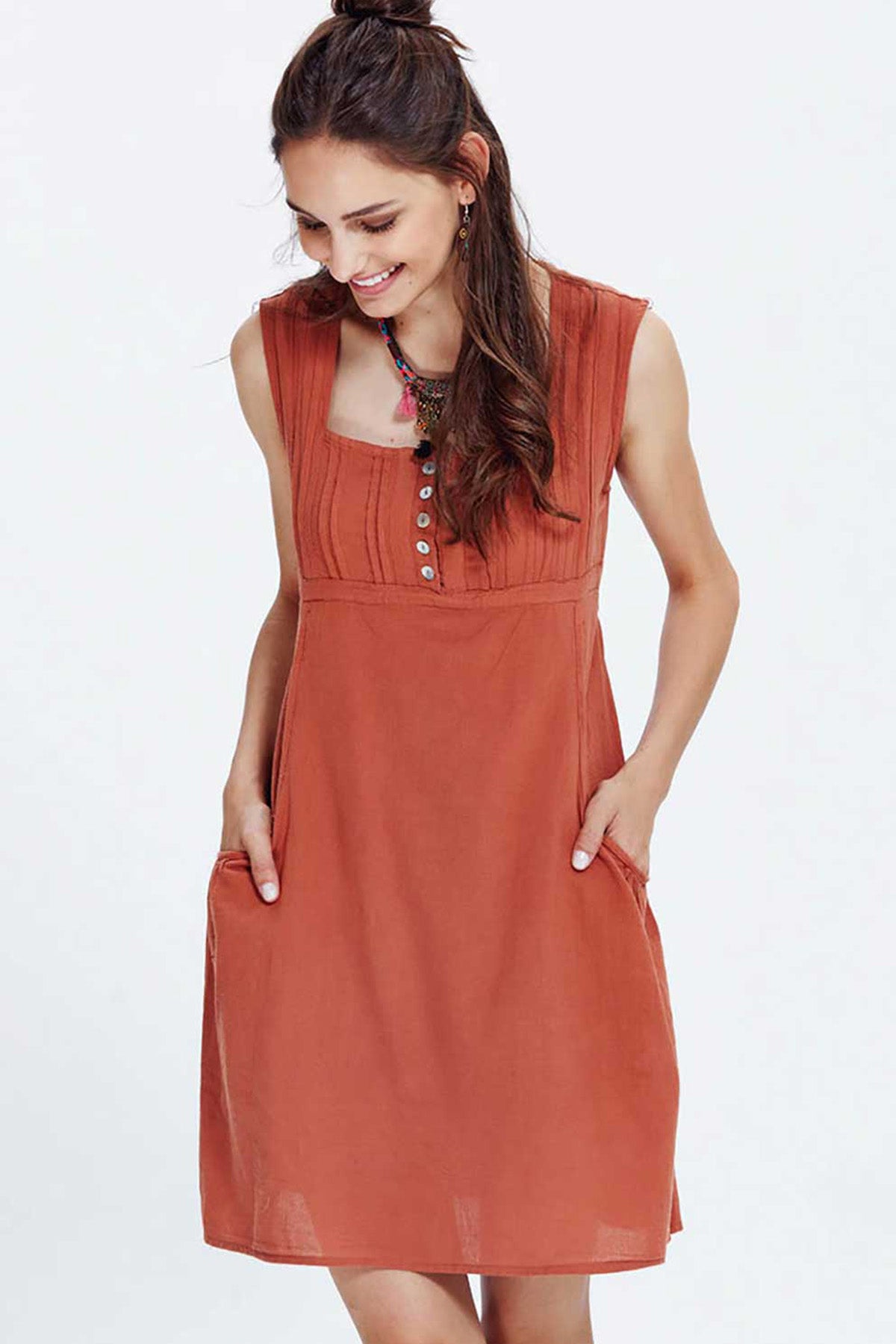 Square Neck Cotton Mini Burnt Orange Dress