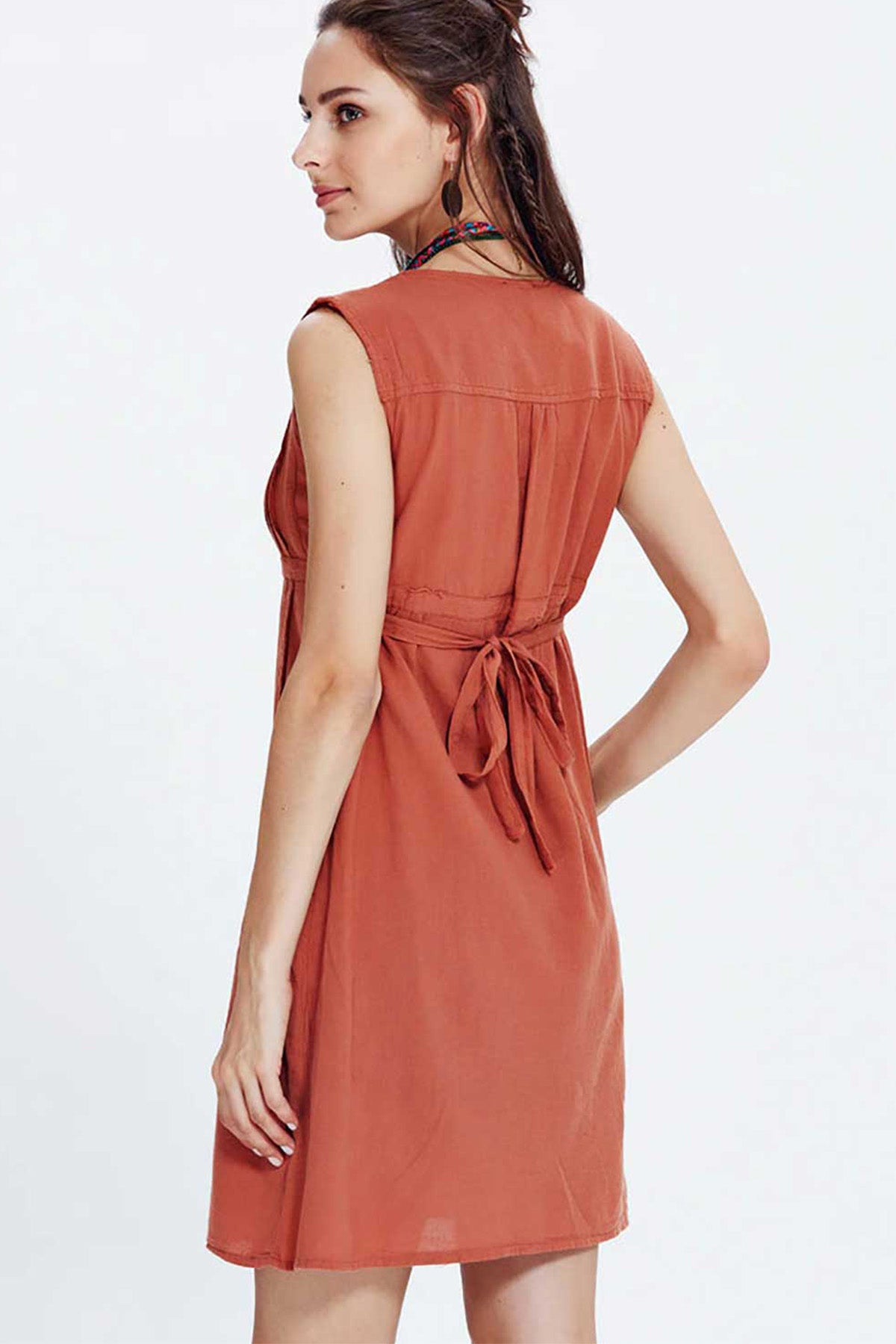 Square Neck Cotton Mini Burnt Orange Dress