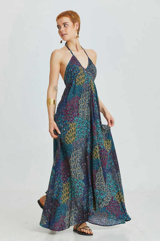 Asymmetric Turquoise Bohemian Dress with Ethnic Pattern
