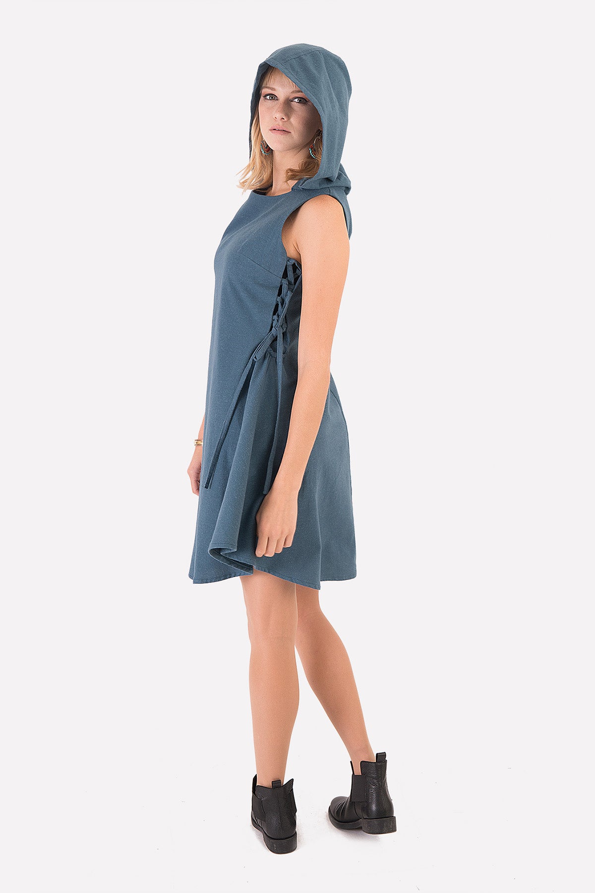 Hooded Mini Bohemian Blue Dress