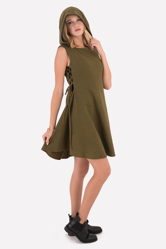 Hooded Mini Bohemian Khaki Dress