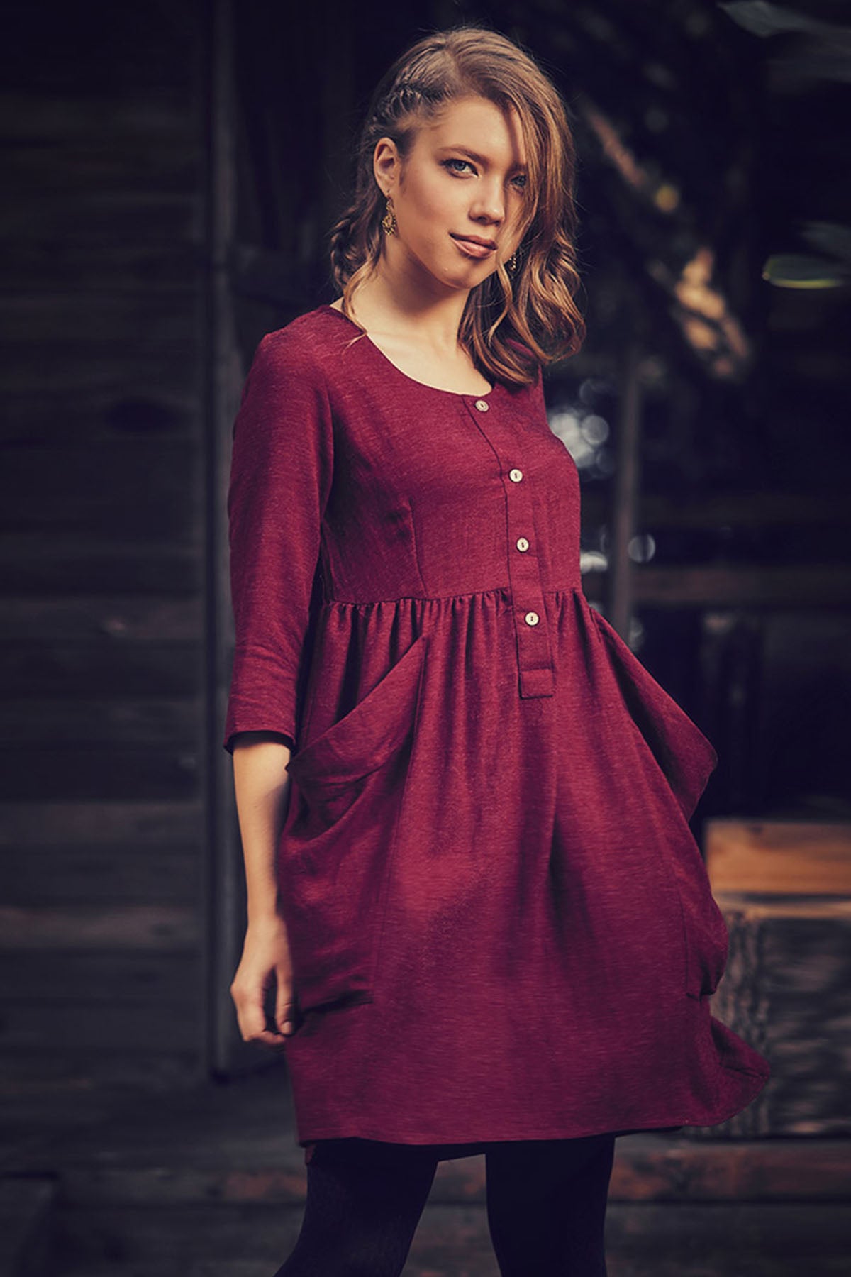 Ruched Mini Winter Dress Maroon