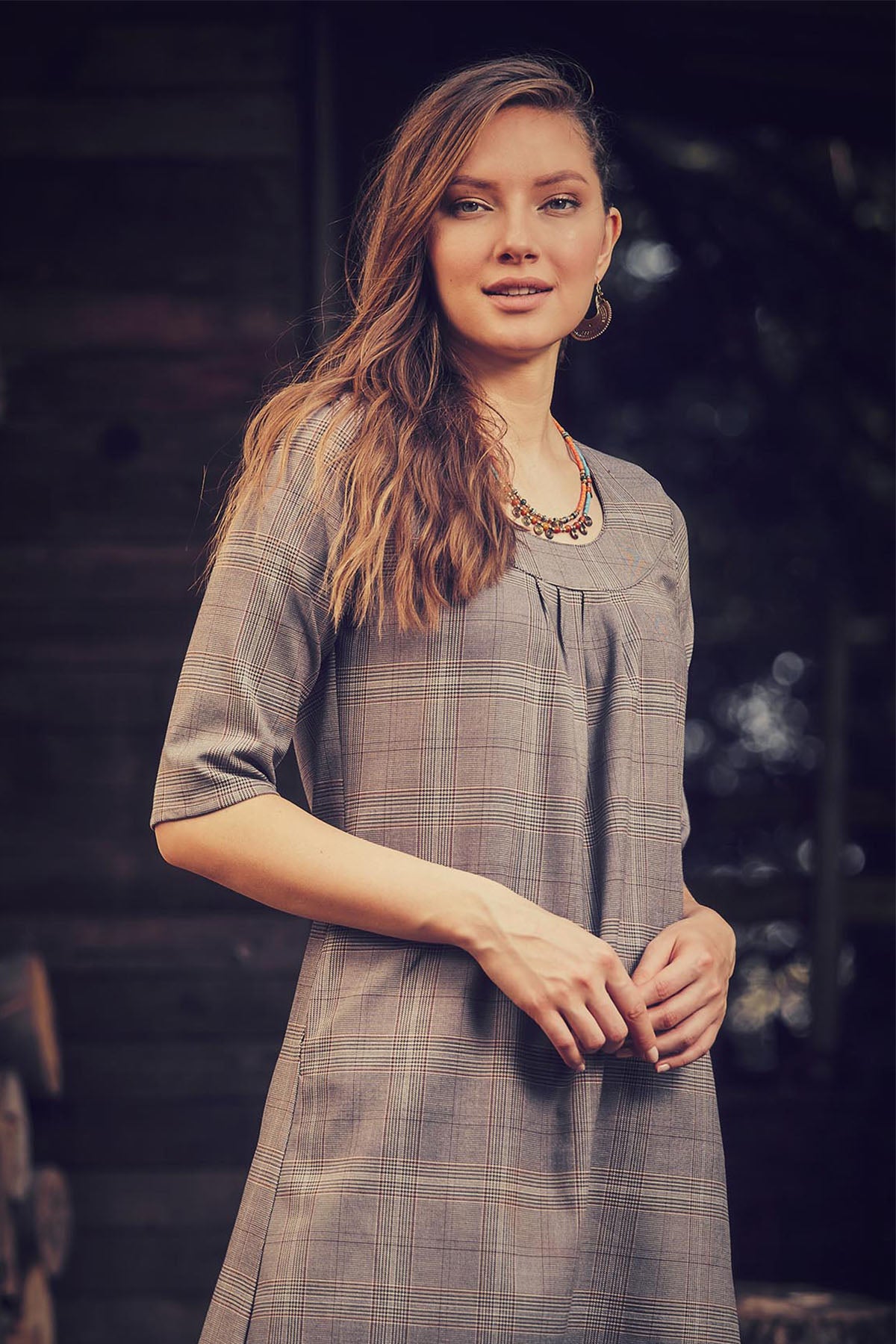 Crew Neck Brown Boho Dress