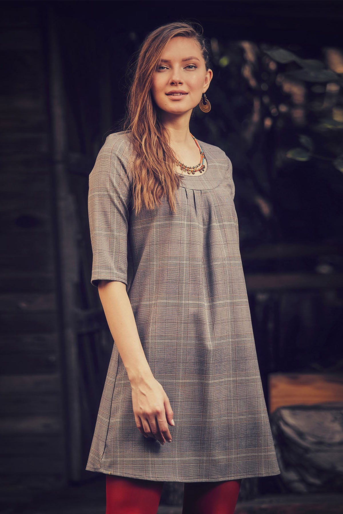 Crew Neck Brown Boho Dress