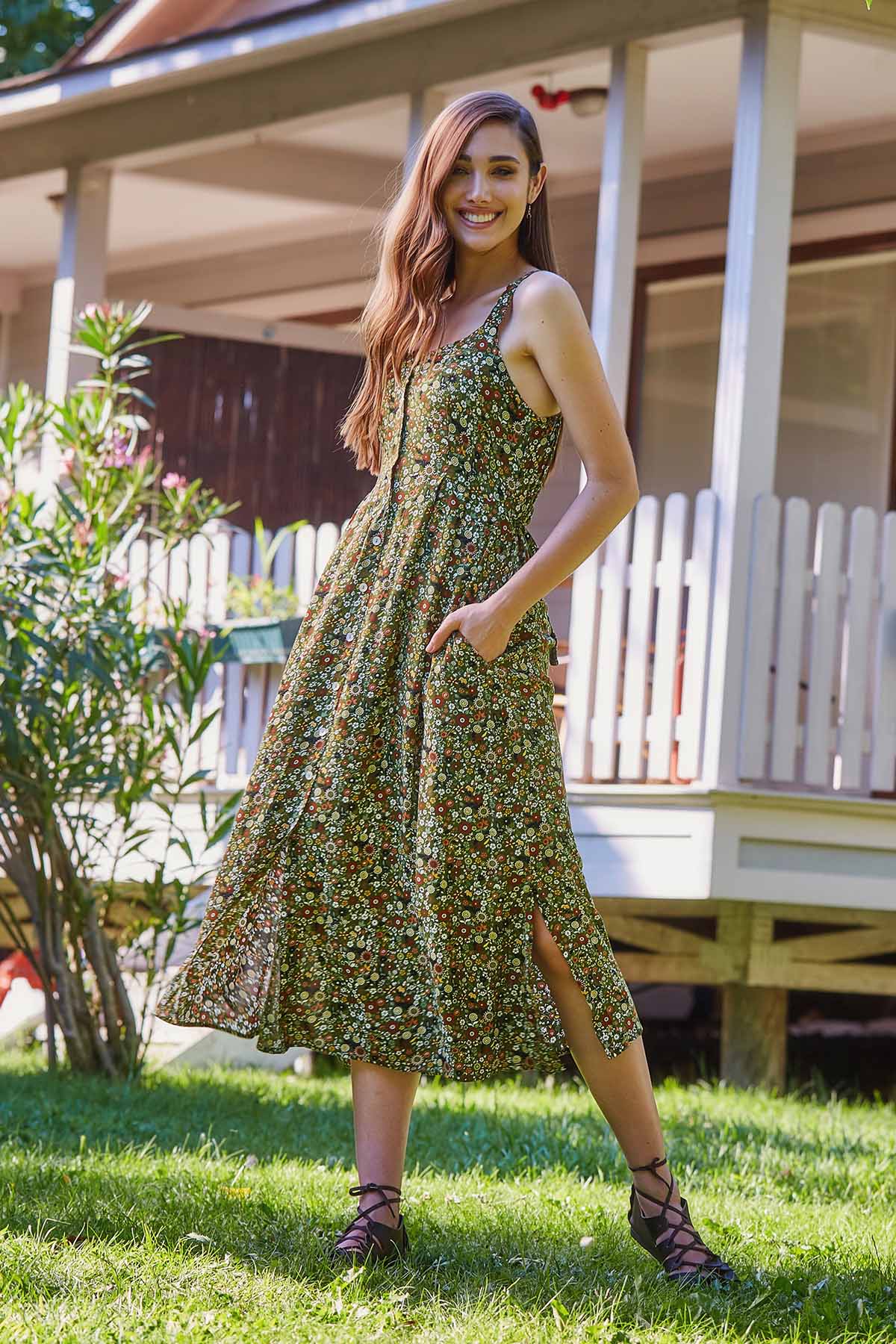 Button Up Floral Long Dress Green