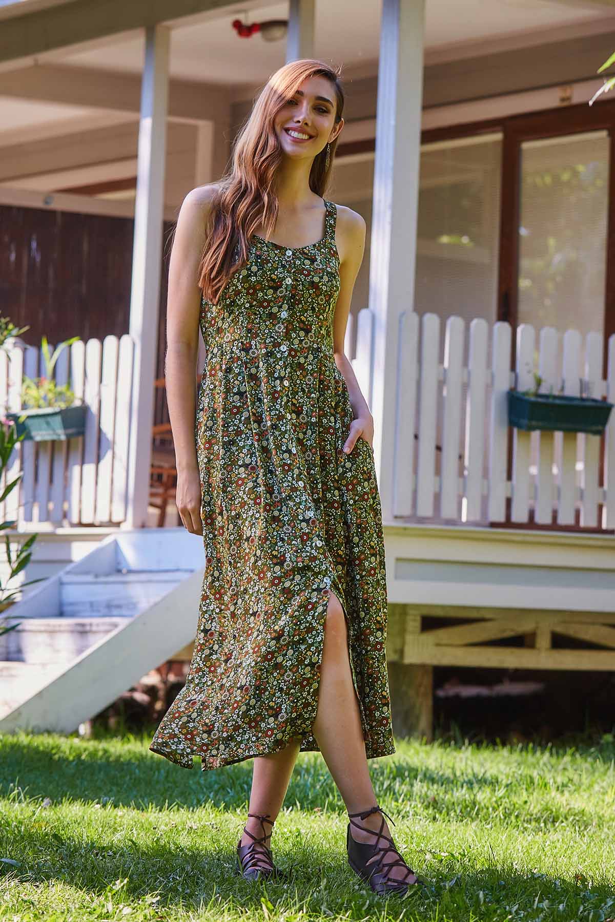 Button Up Floral Long Dress Green