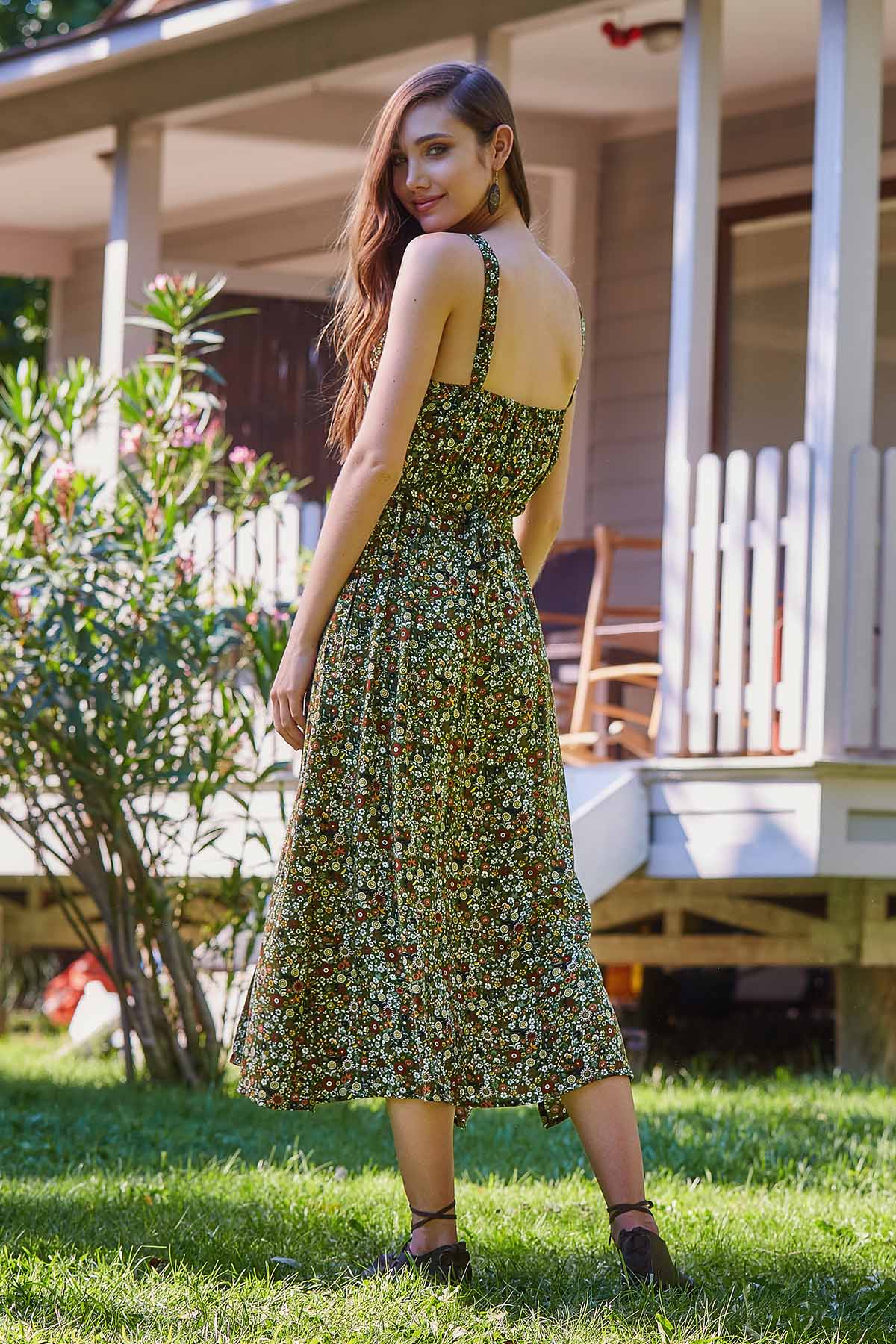 Button Up Floral Long Dress Green