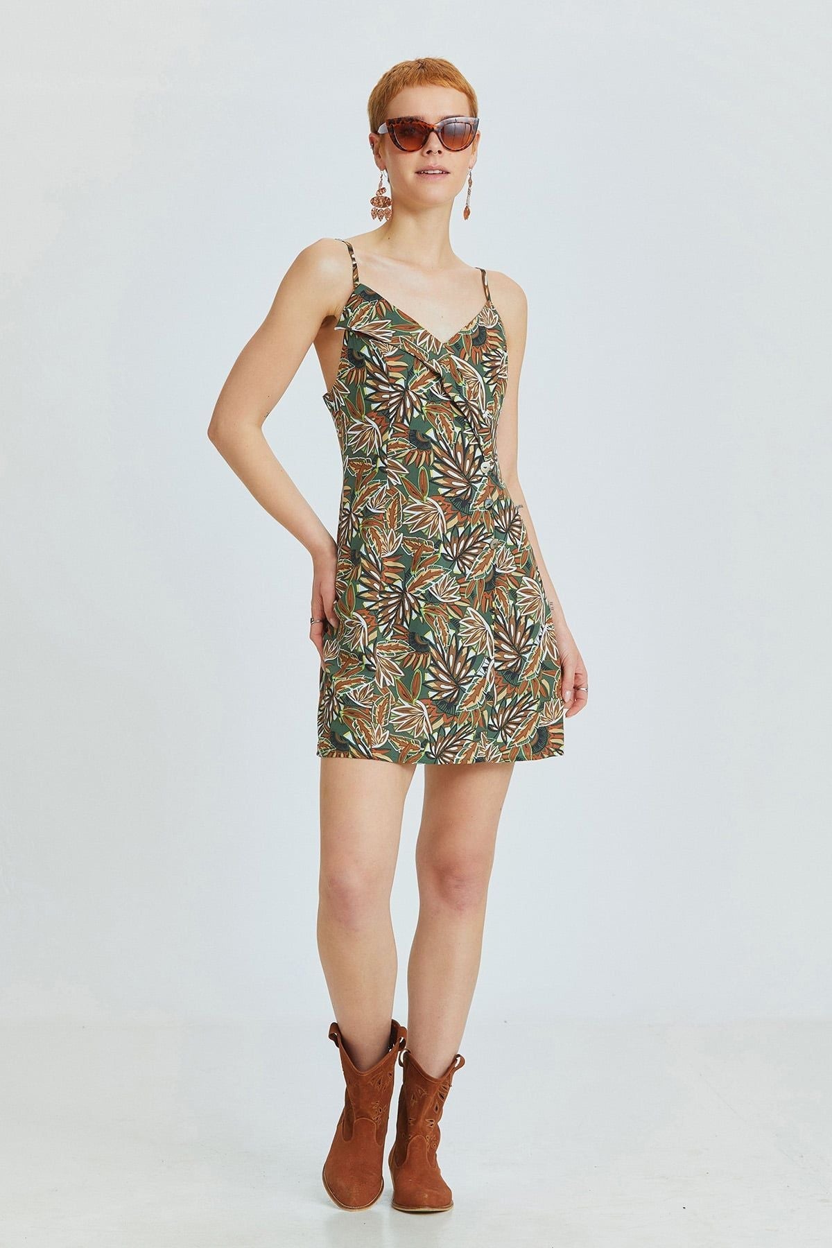 Khaki Patterned Bohemian Mini Dress with Decorative Mother-of-Pearl Buttons