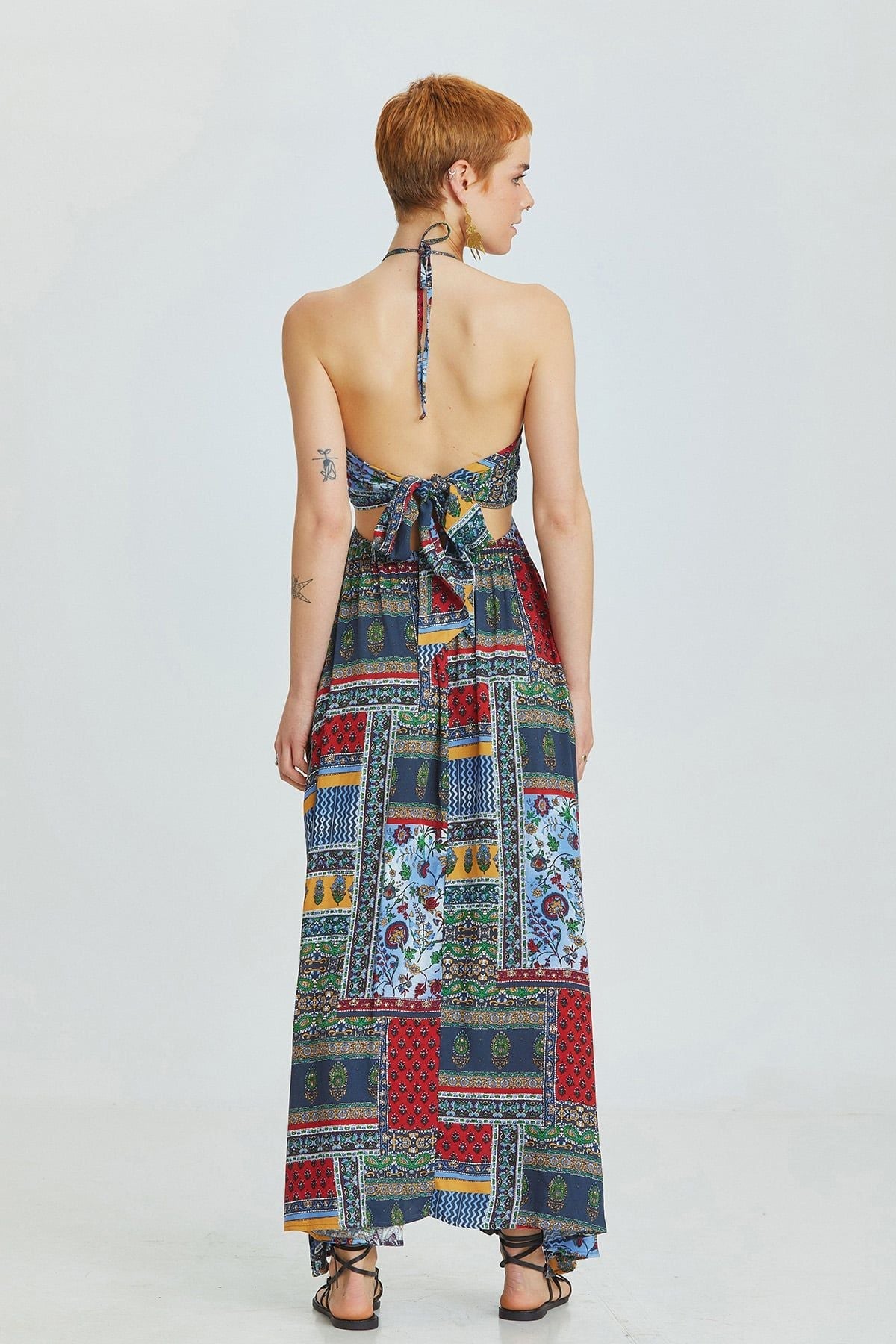 Blue Patch Bohemian Maxi Dress with Neck and Back Tie Closure