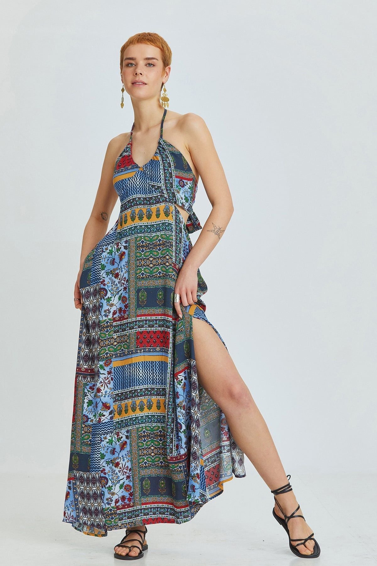 Blue Patch Bohemian Maxi Dress with Neck and Back Tie Closure