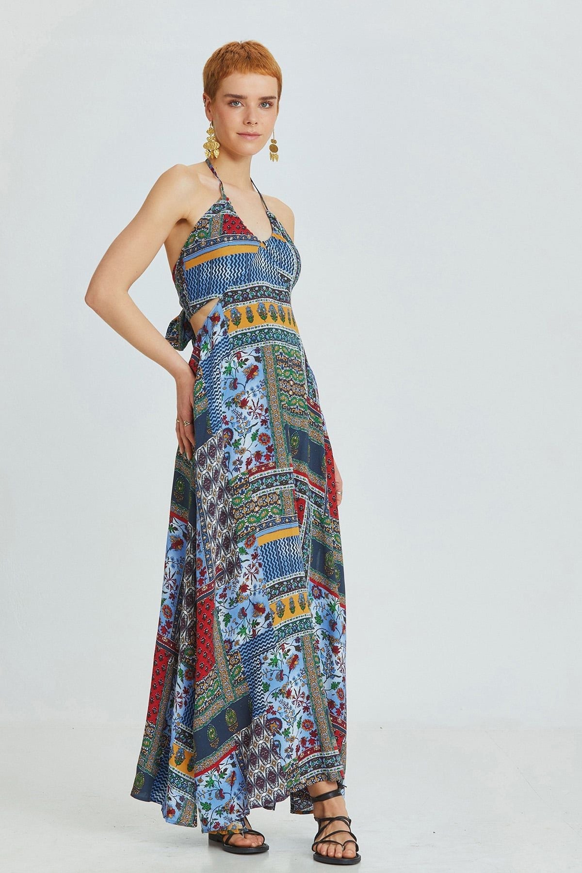 Blue Patch Bohemian Maxi Dress with Neck and Back Tie Closure