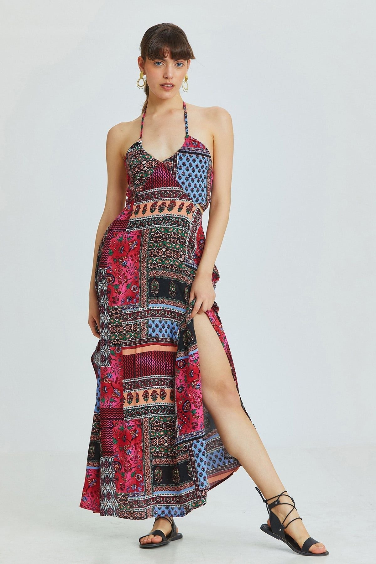 Pink Patch Bohemian Maxi Dress with Neck and Back Tie Closure