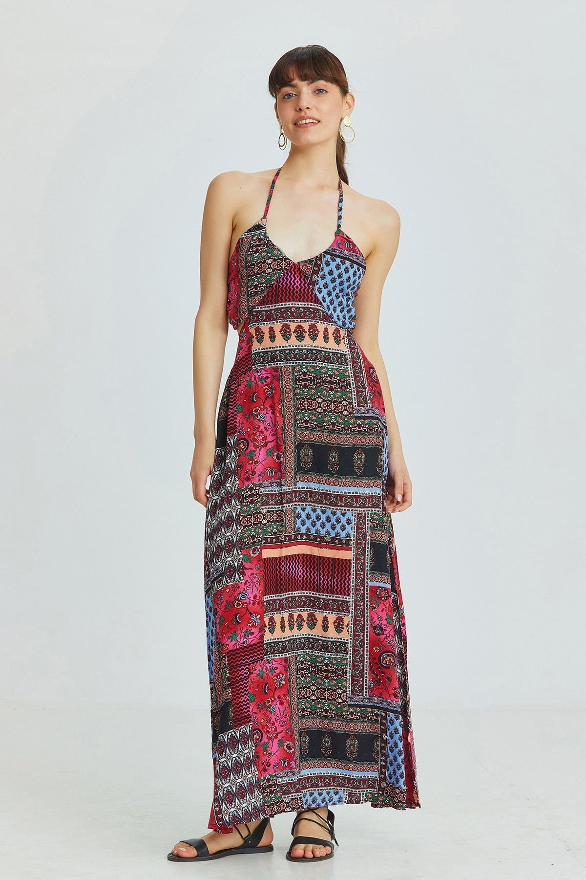 Pink Patch Bohemian Maxi Dress with Neck and Back Tie Closure