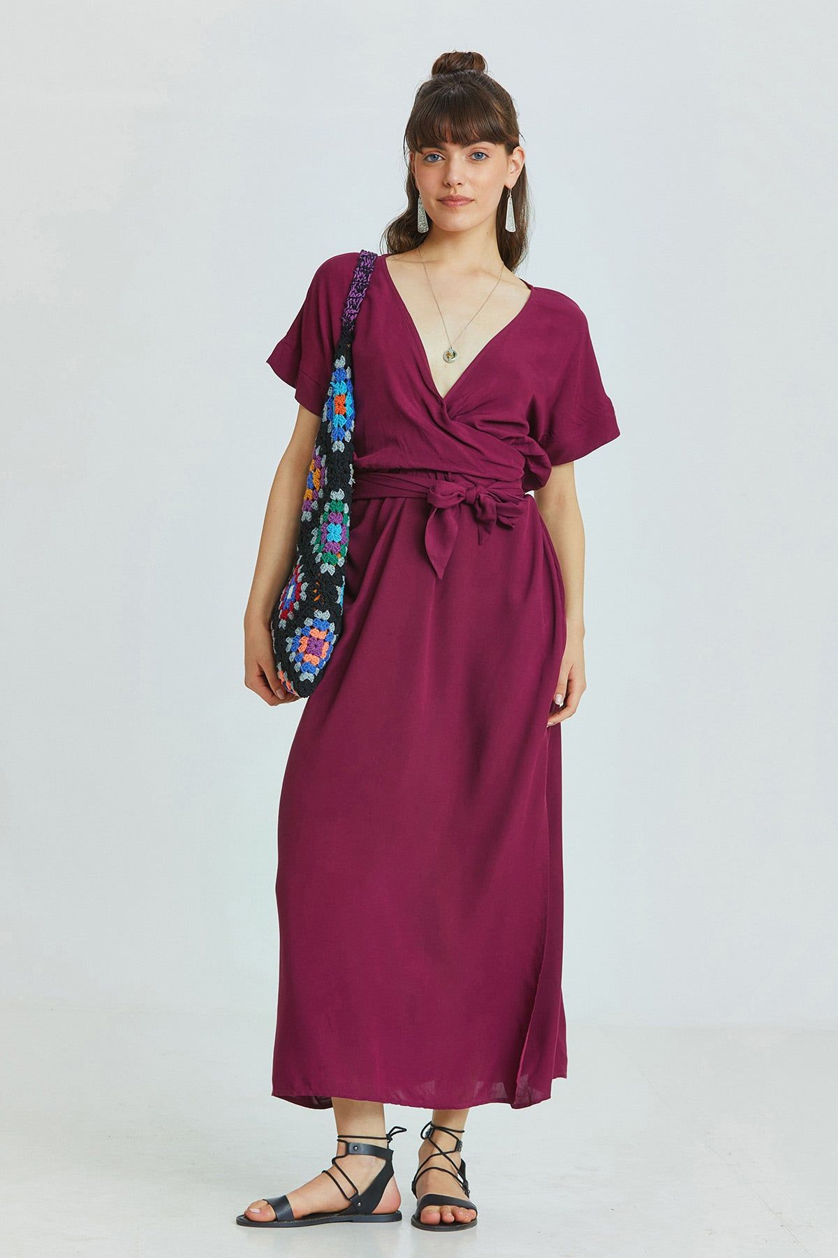 Purple Bohemian Long Dress with Deep V-Neck and Waist Tie Detail