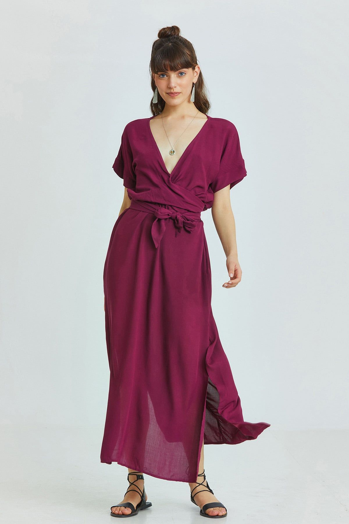 Purple Bohemian Long Dress with Deep V-Neck and Waist Tie Detail