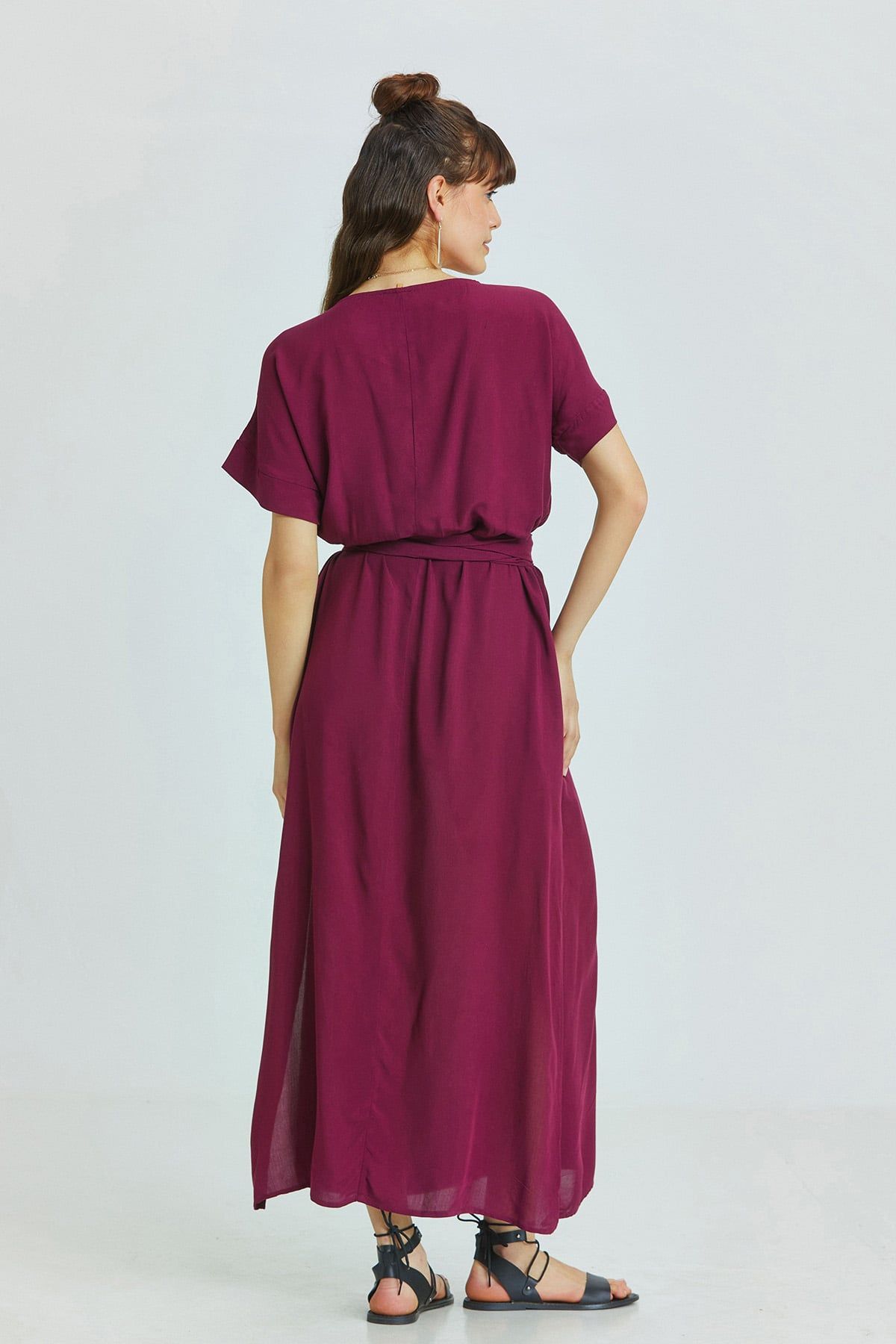 Purple Bohemian Long Dress with Deep V-Neck and Waist Tie Detail