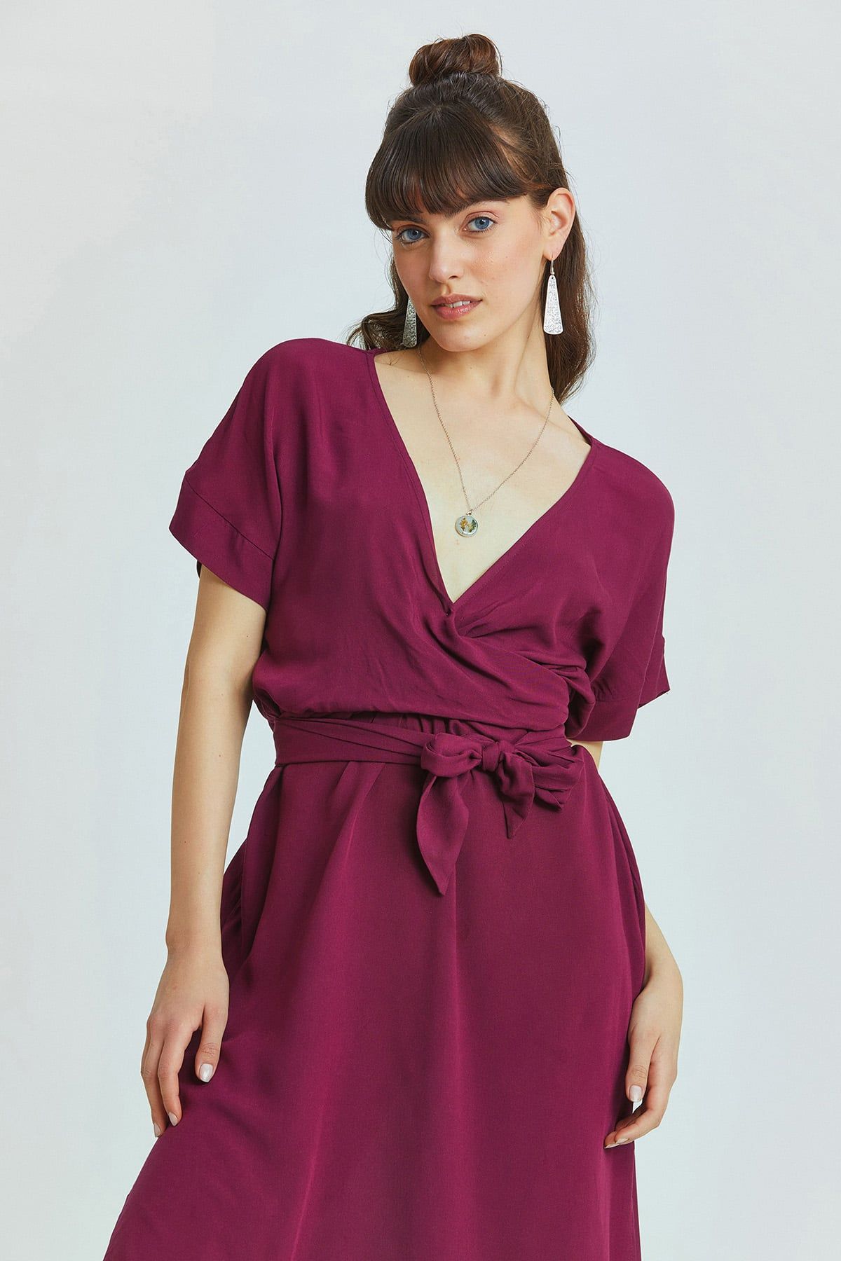 Purple Bohemian Long Dress with Deep V-Neck and Waist Tie Detail