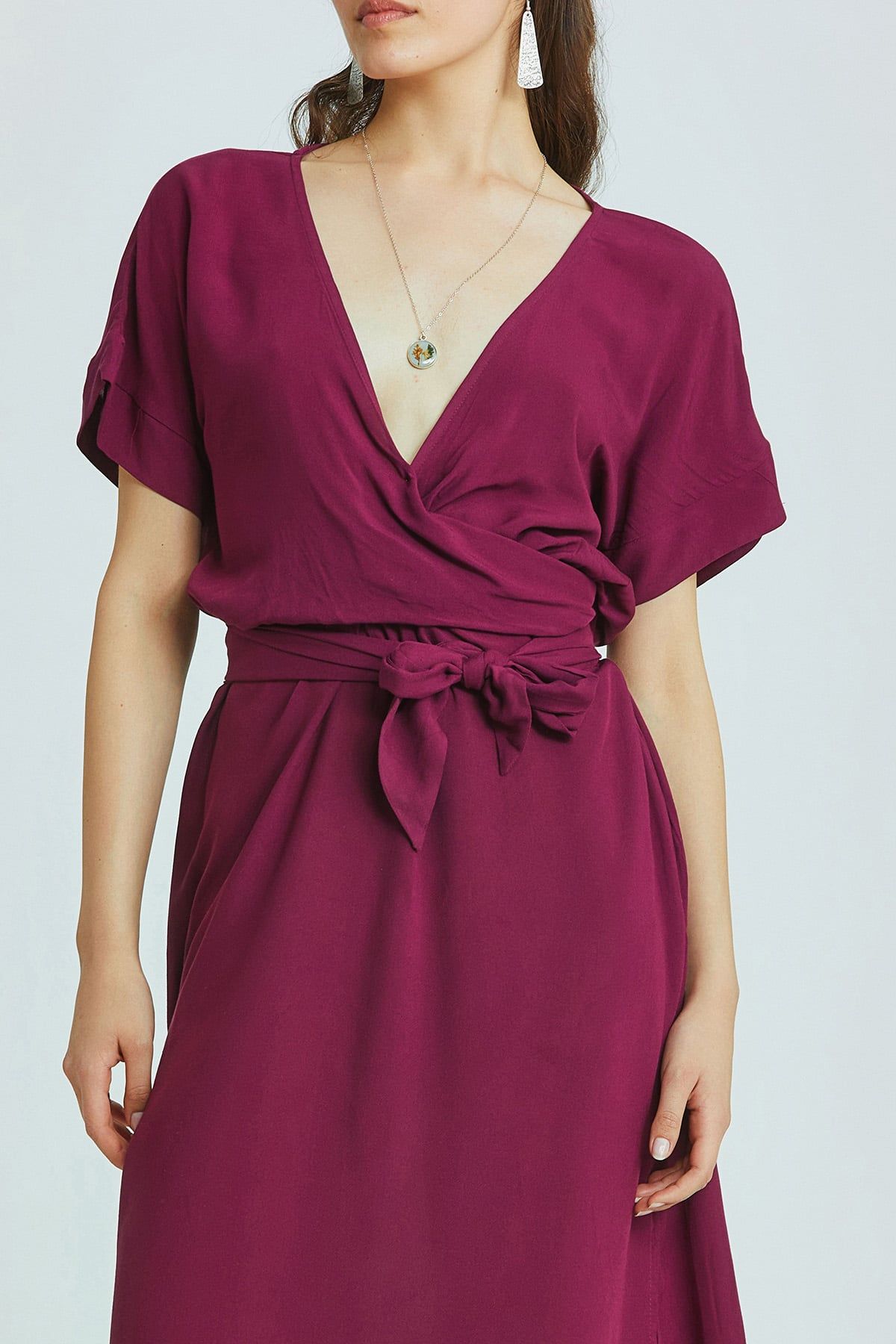 Purple Bohemian Long Dress with Deep V-Neck and Waist Tie Detail