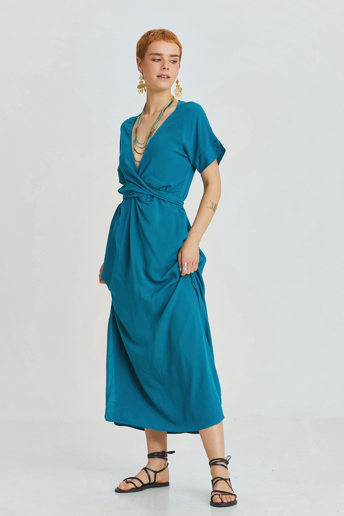 Teal Bohemian Long Dress with Deep V-Neck and Waist Tie Detail