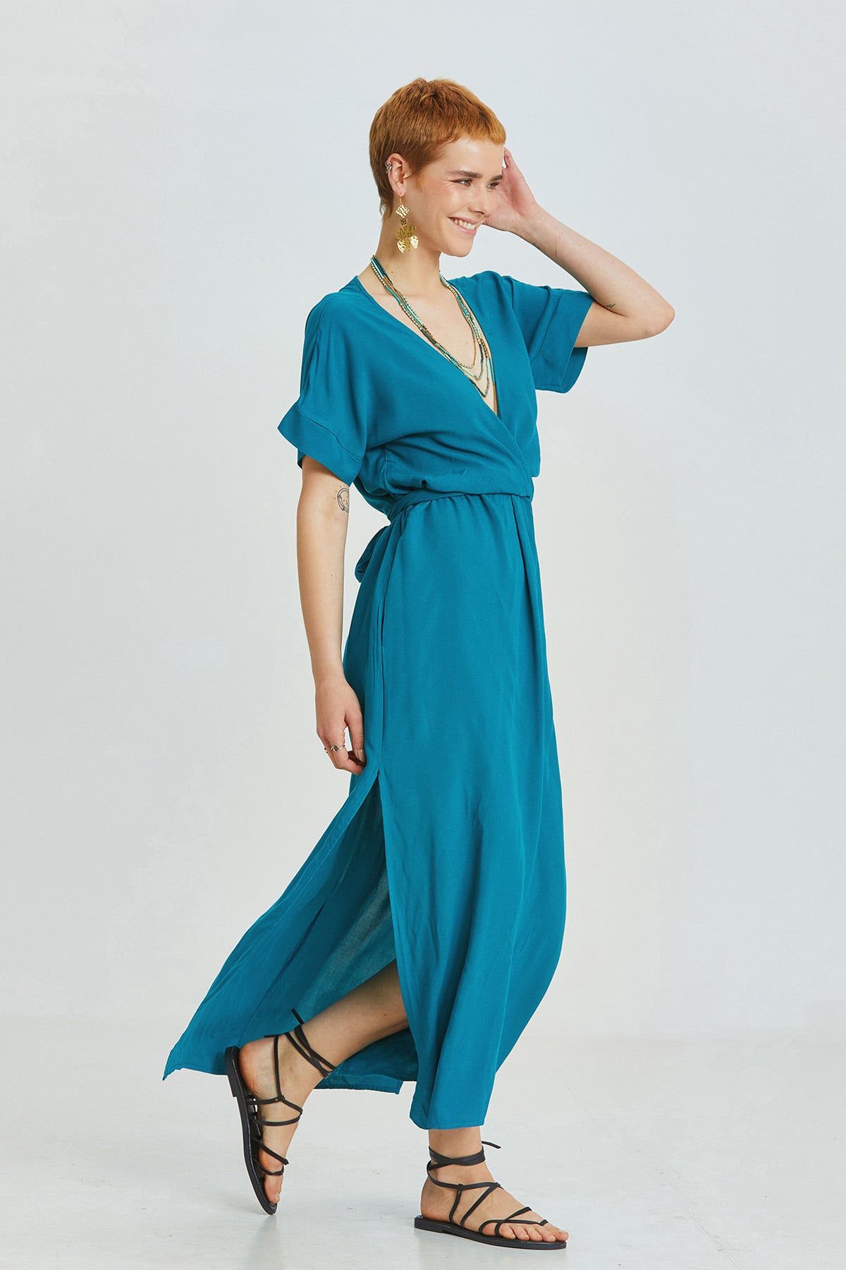 Teal Bohemian Long Dress with Deep V-Neck and Waist Tie Detail