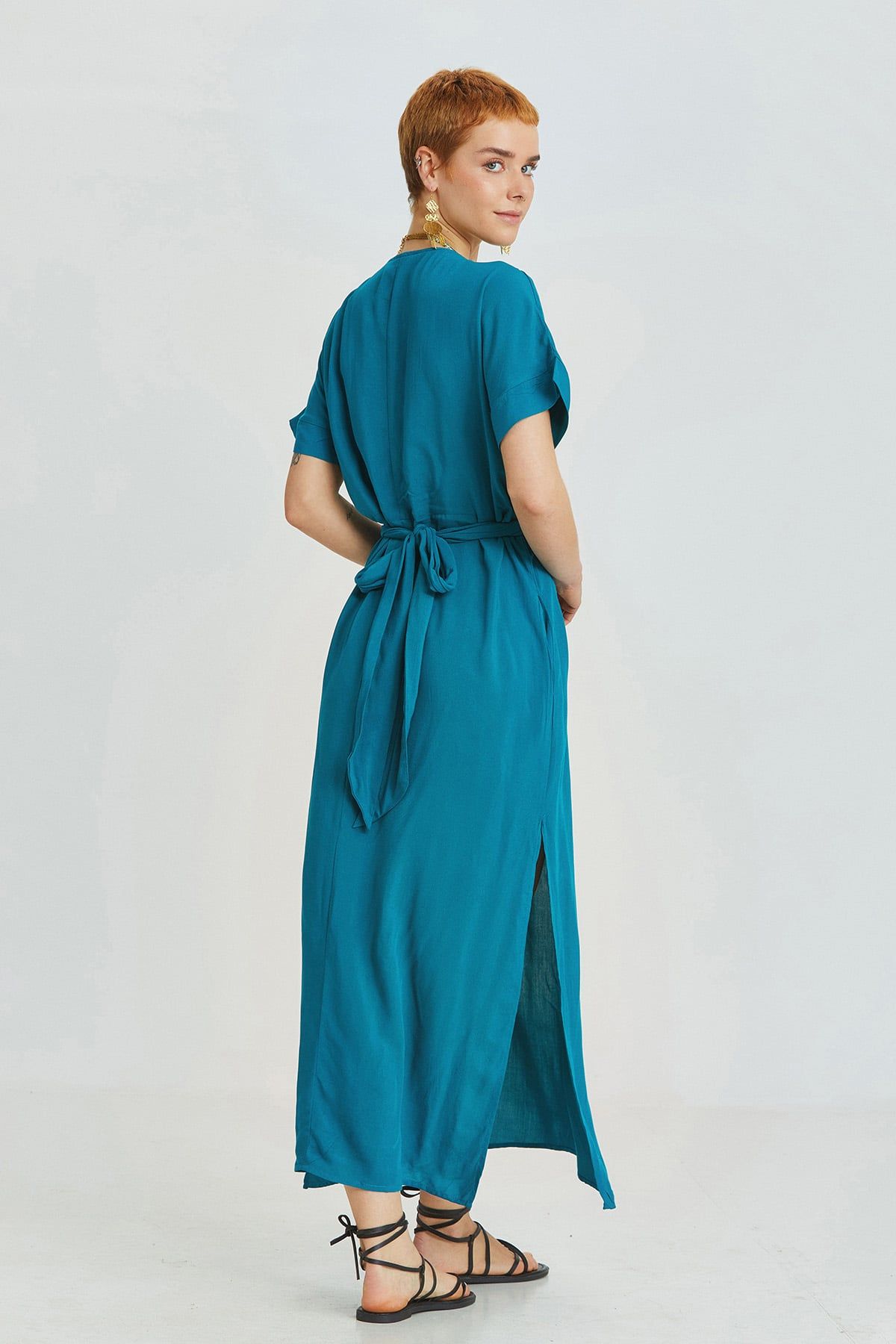 Teal Bohemian Long Dress with Deep V-Neck and Waist Tie Detail