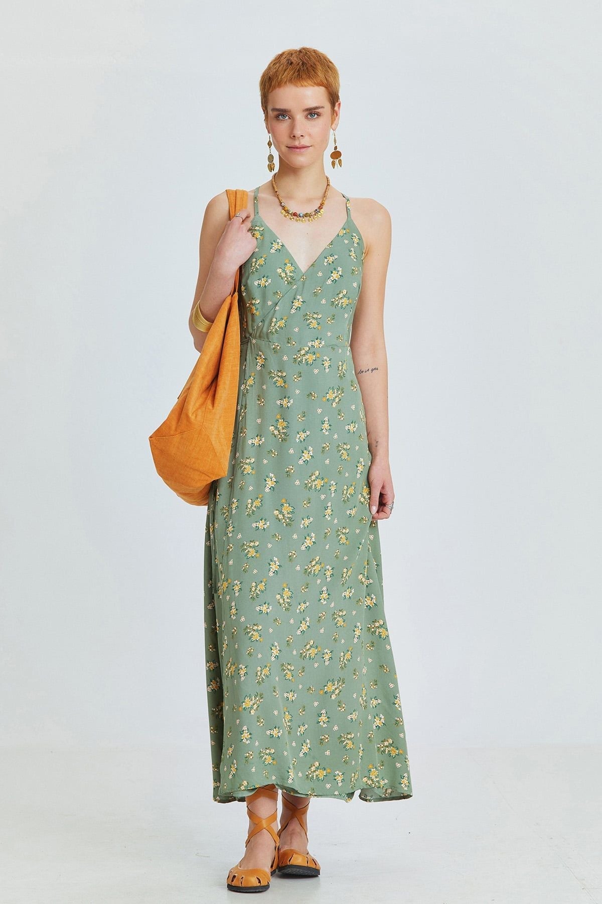 Green Floral Bohemian Midi Dress with Wrap Front