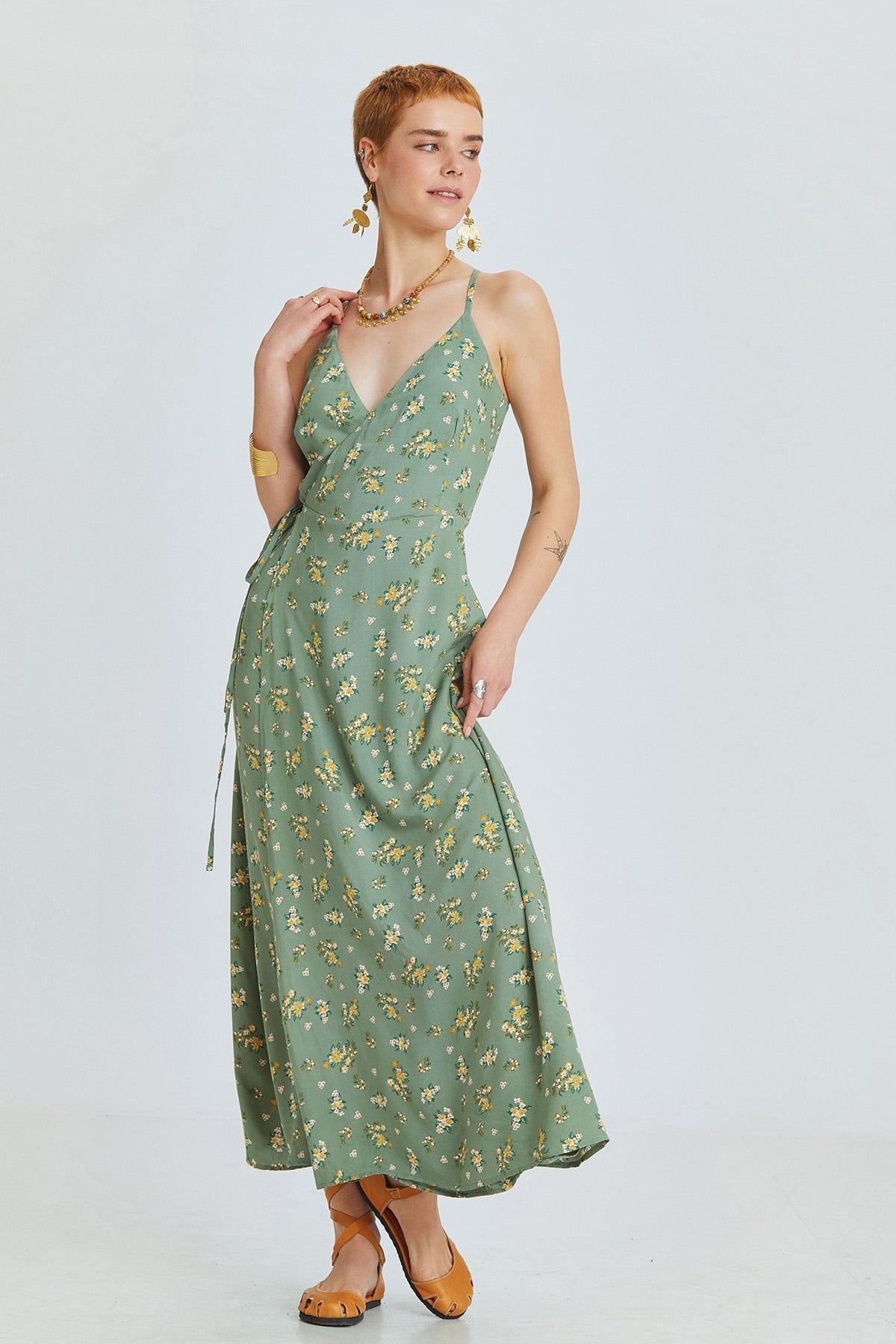 Green Floral Bohemian Midi Dress with Wrap Front